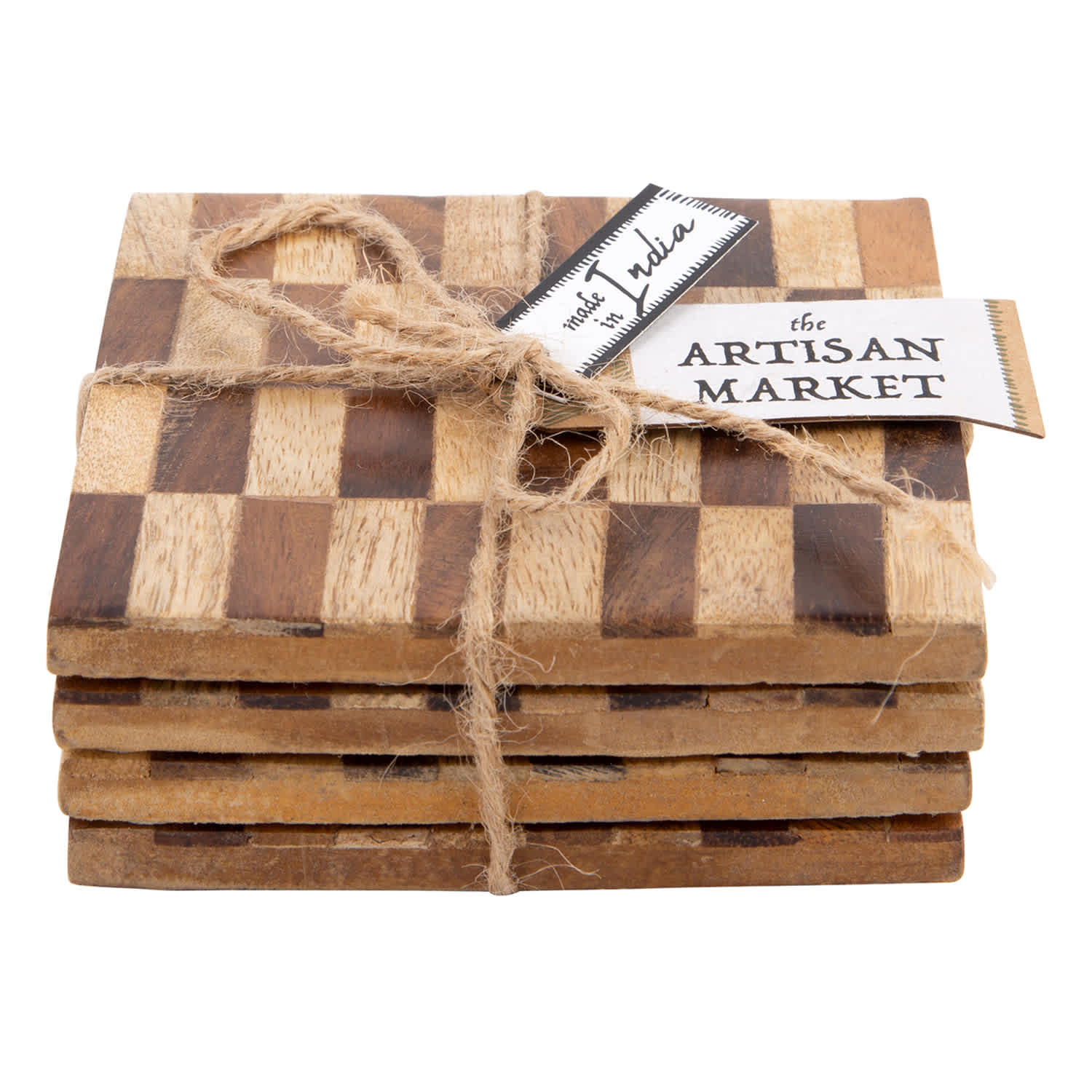 Set of 4 Checkered Wooden Square Coasters, 4"