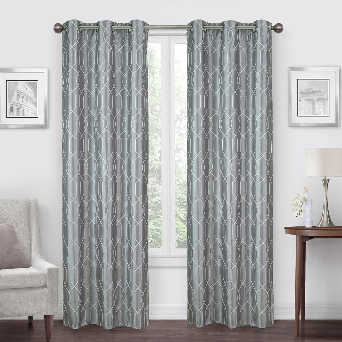 White & Grey Faux Silk Embroidered Blackout Grommet Curtain Panel, 84"