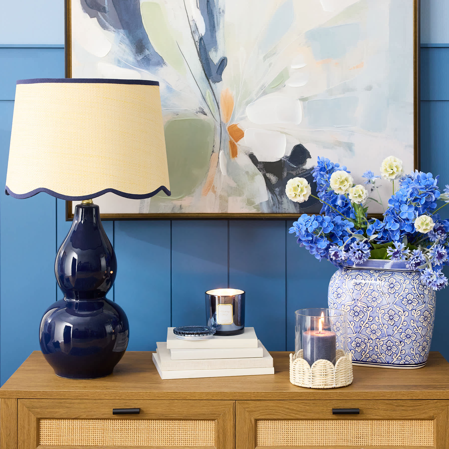 Providence Navy Double Gourd Ceramic Small Lamp with Scallop Shade, 17"