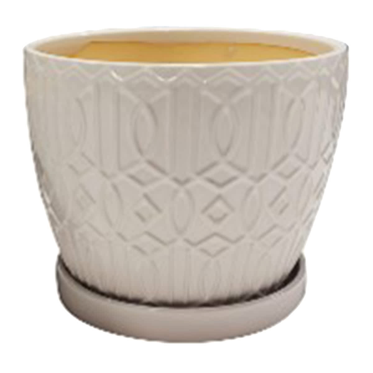 Embossed White Indoor Ceramic Planter with Saucer, Small