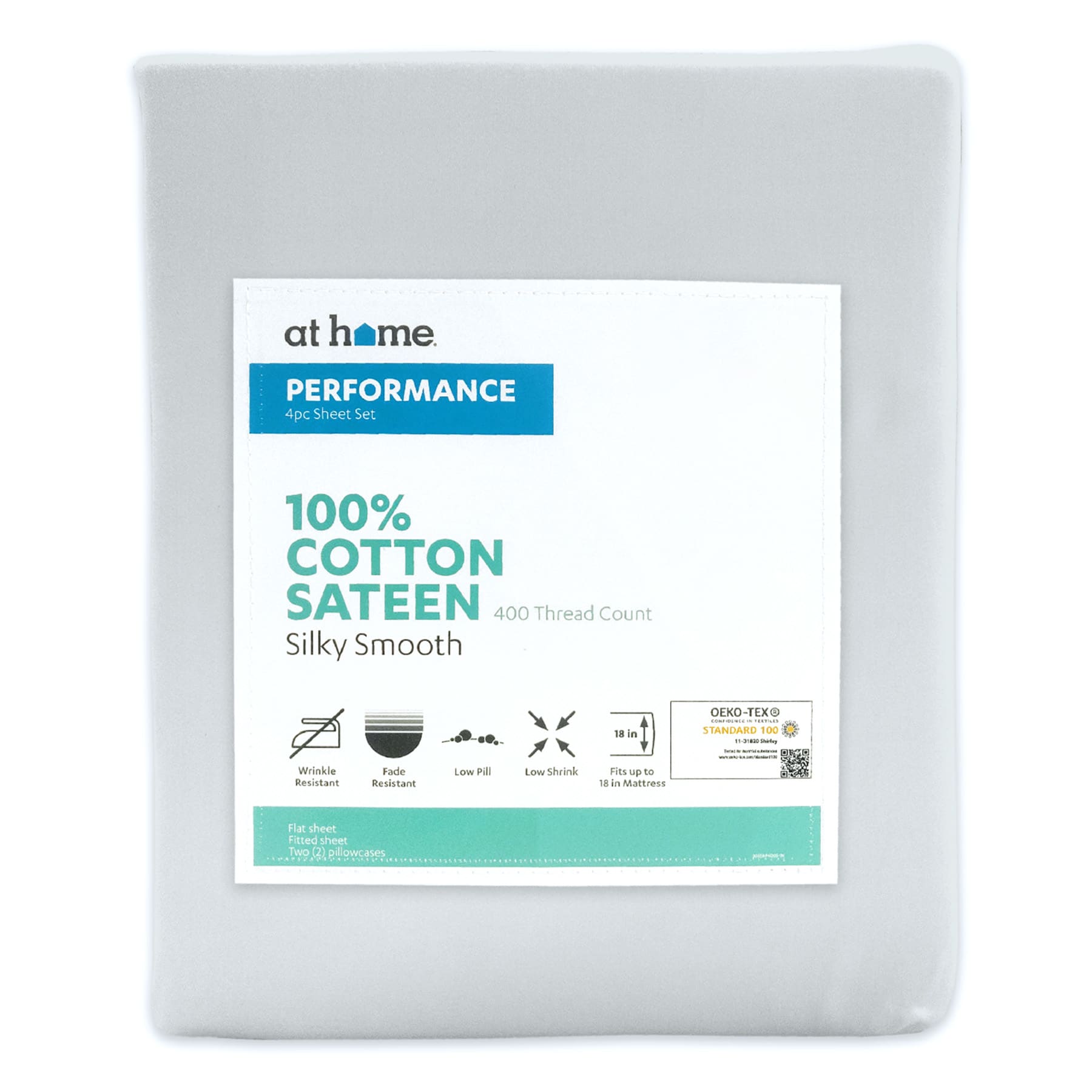 4-Piece Grey 400 Thread Count Performance Cotton Sheet Set, Full
