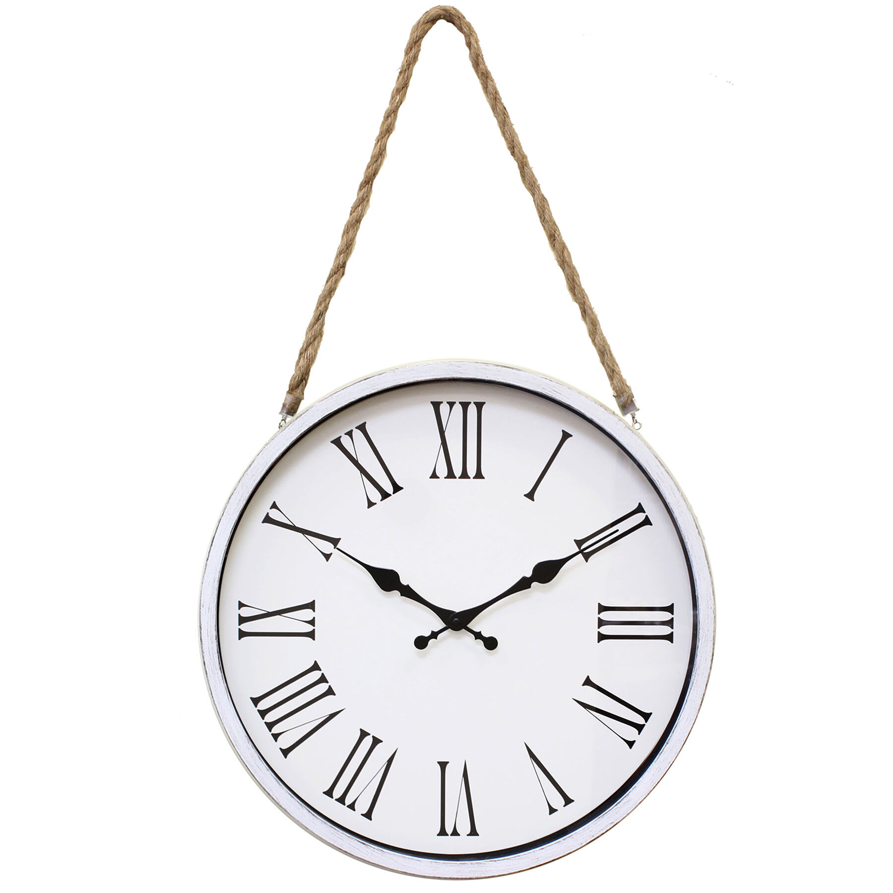 Distressed White Round Hanging Wall Clock with Rope, 16"