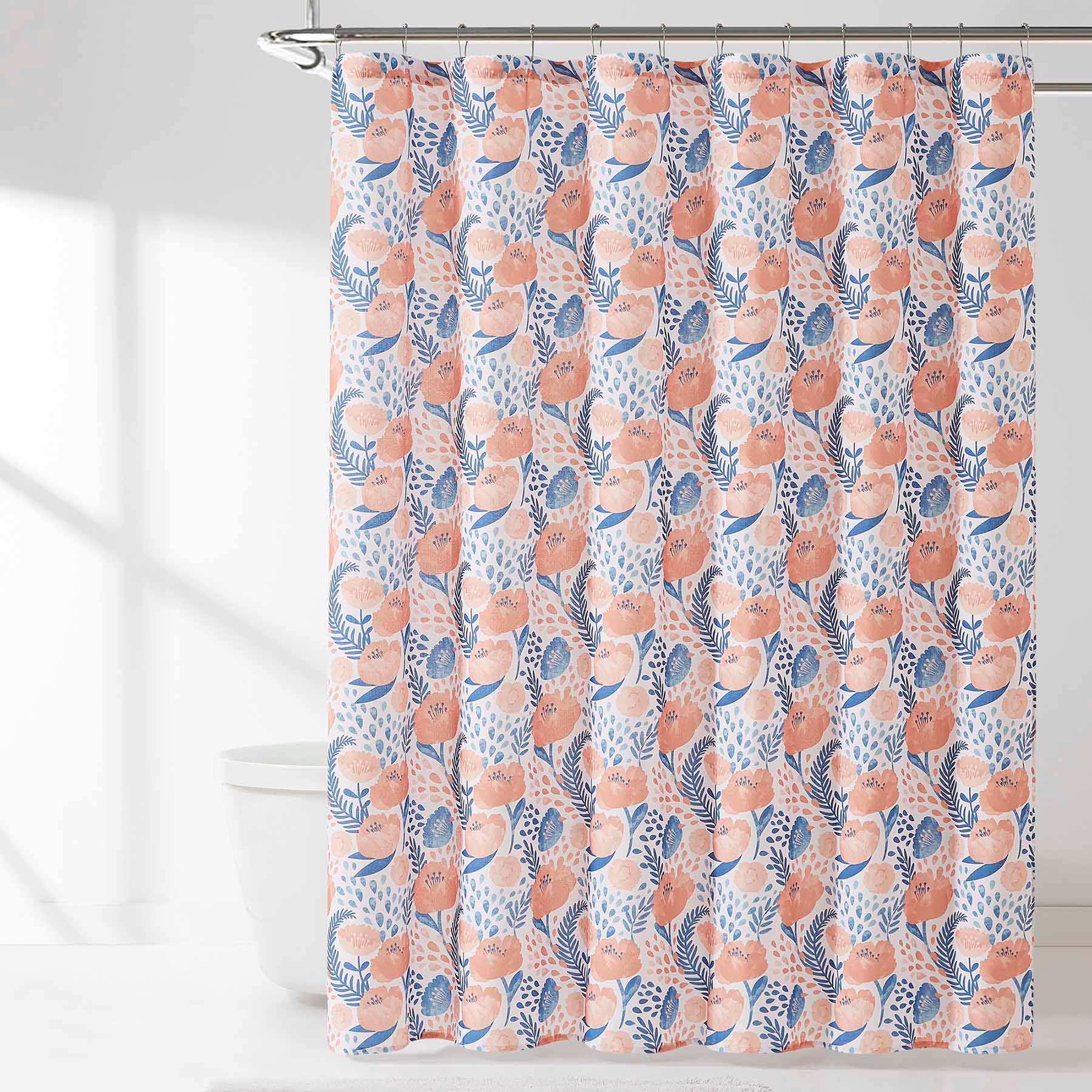 13-Piece Coral Poppy Garden Print Shower Curtain Set, 72"
