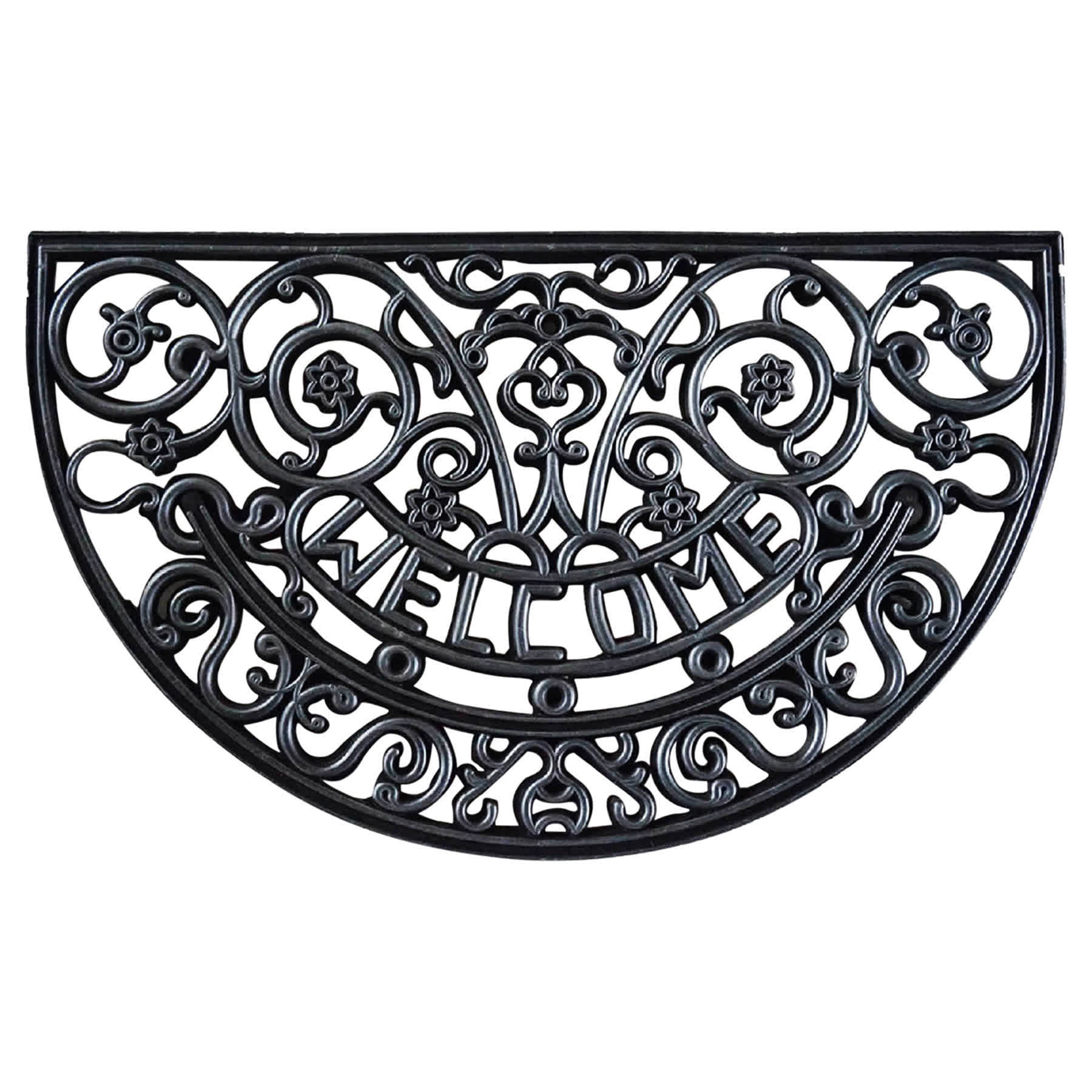 Welcome Scroll Black Rubber Slice Doormat, 18x30