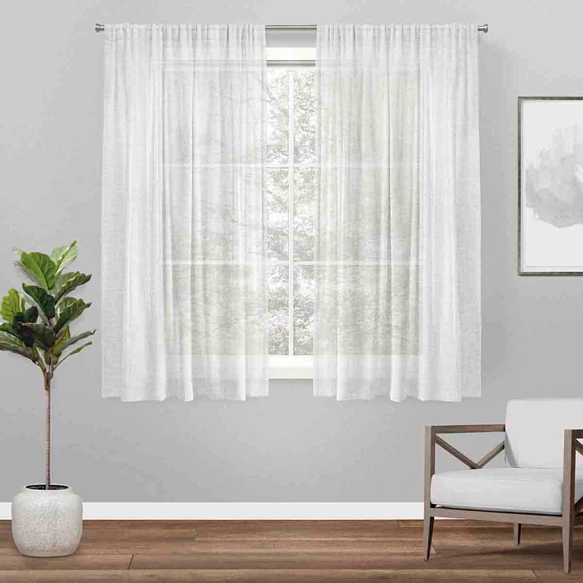 Belgian White Linen Rod Pocket Sheer Grommet Curtain Panel, 63"