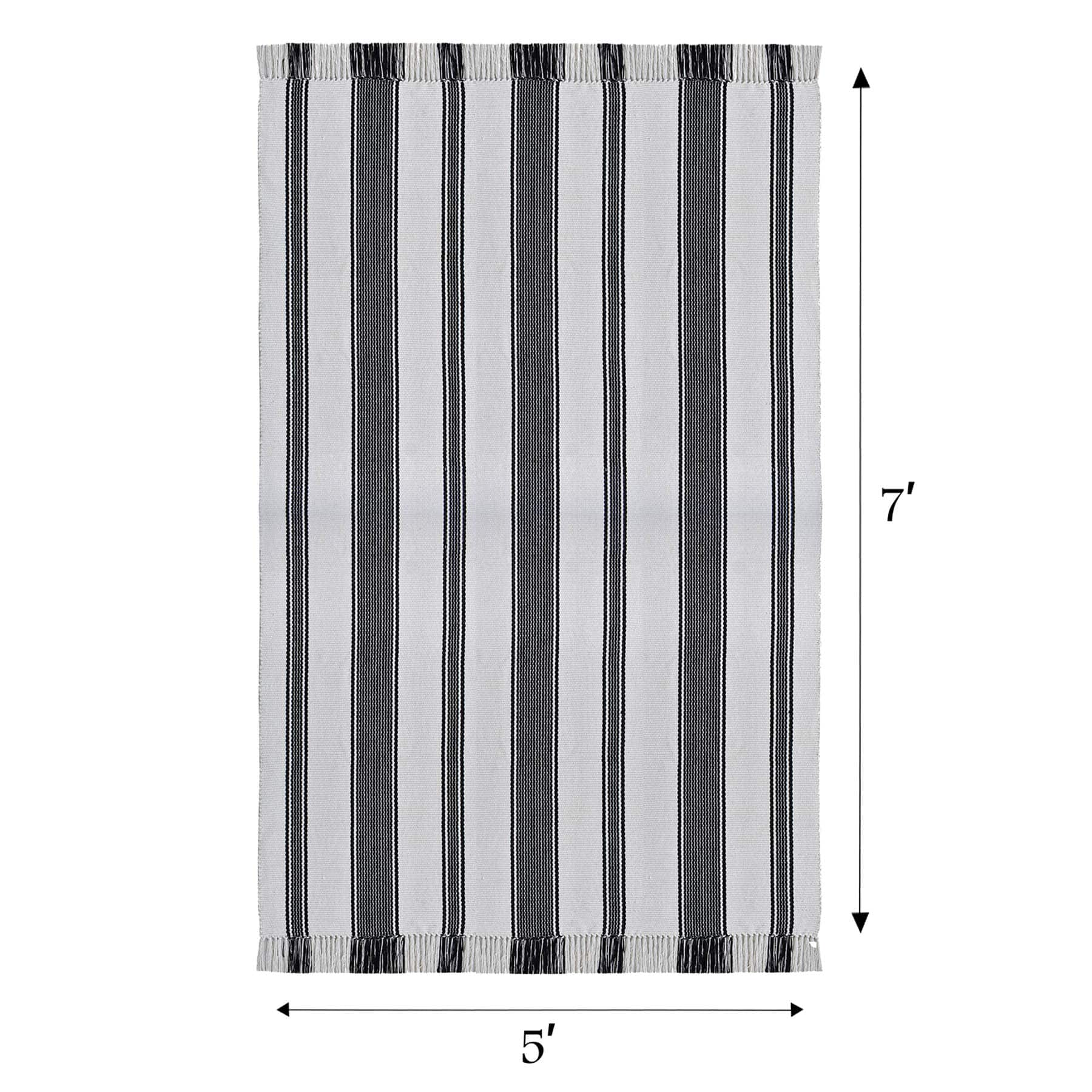 (D551) Honeybloom Flatweave Ivory & Black Striped Area Rug, 5x7