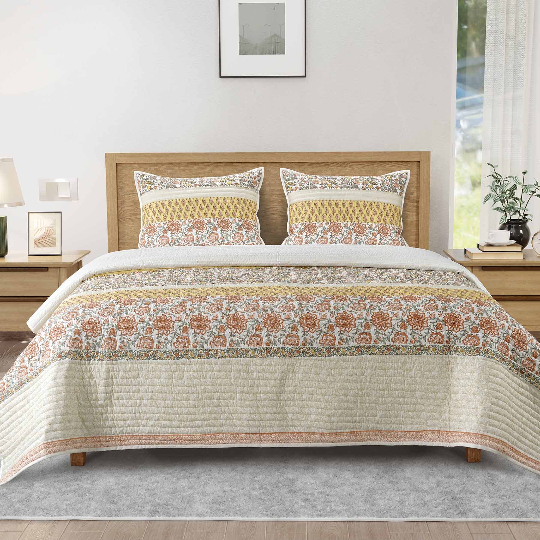 Honeybloom 3-Piece Floral Stripe Printed Cotton Percale Quilt Set, King