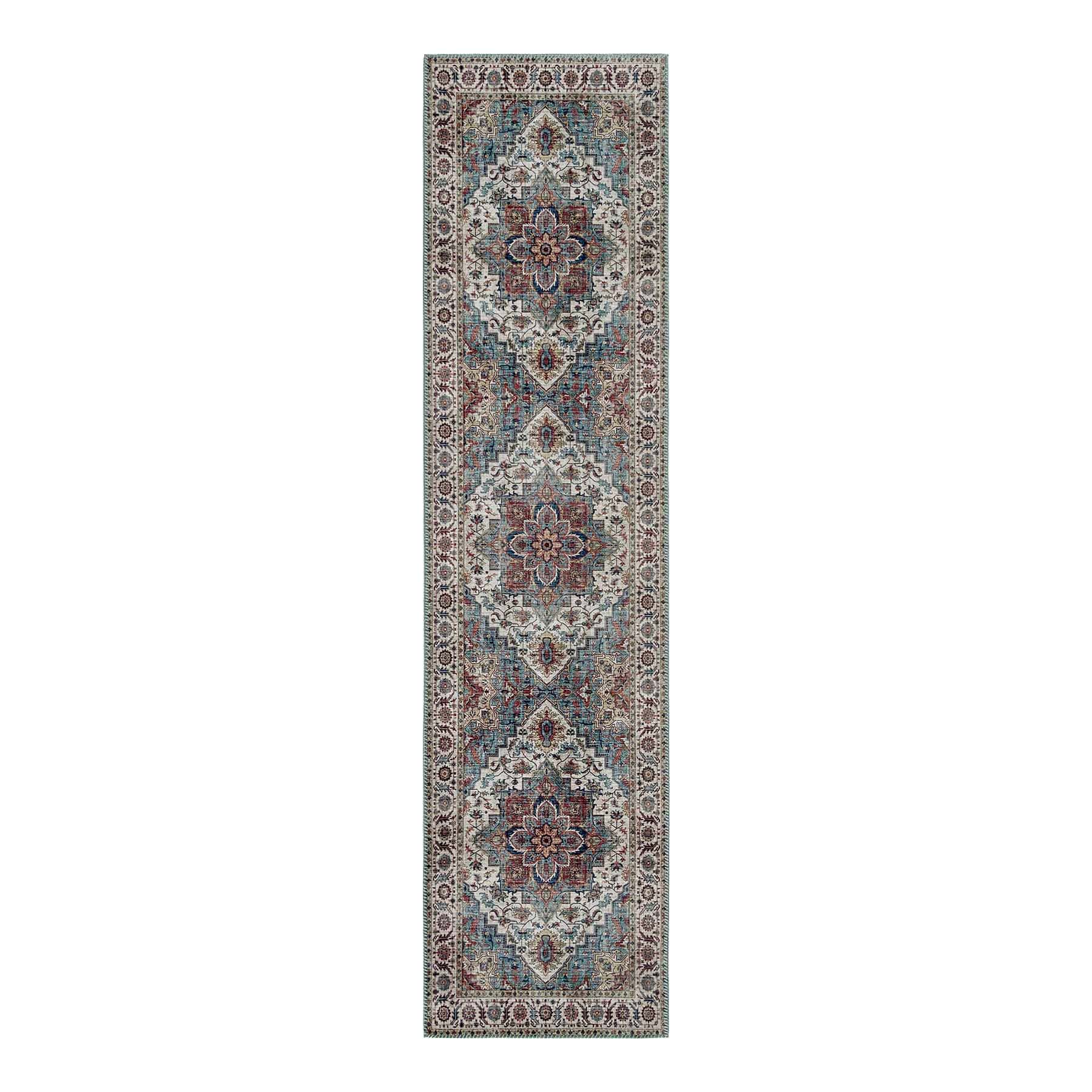 (D448) Found & Fable Chenille Printed Vintage Look Blue Medallion Runner, 2x7