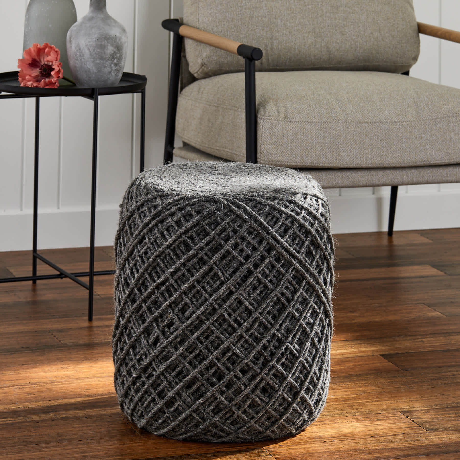 Ty Pennington Reid Twisted Round Ottoman, Wool Grey