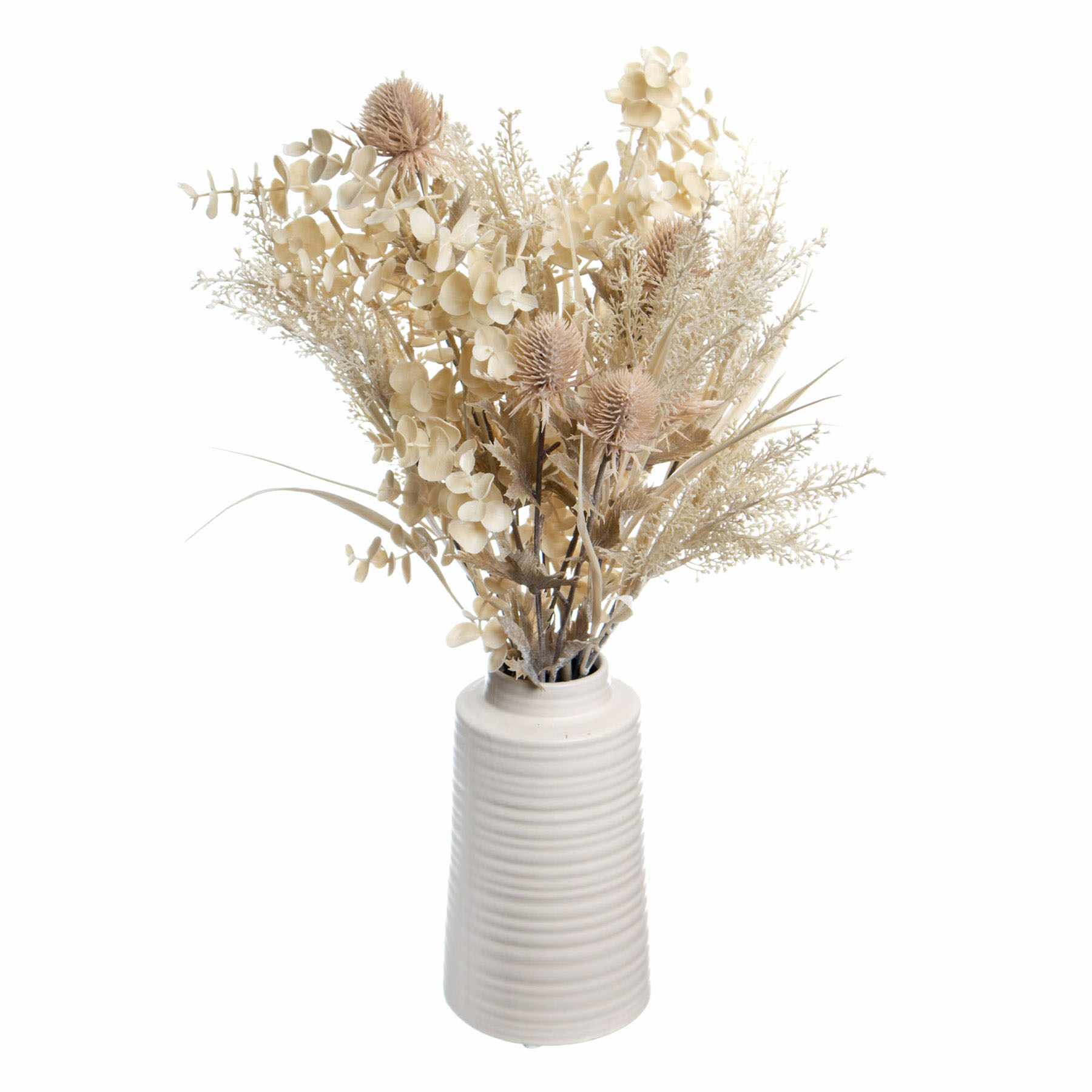 Honeybloom Thistle & Eucalyptus Arrangement in White Pot, 20"