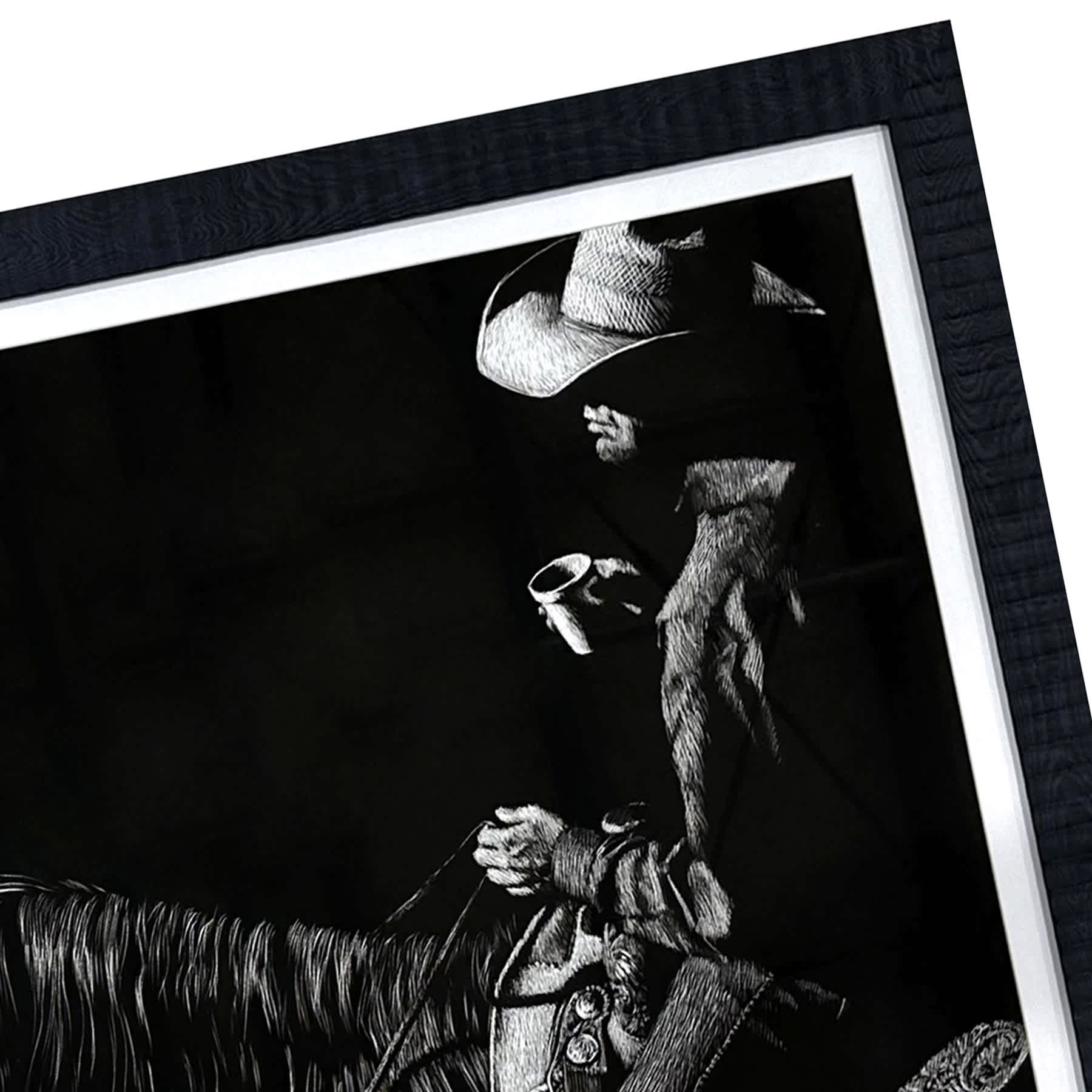 Glass Framed Cowboy Scratchboard I Paper Print Wall Art, 30.8x24.8