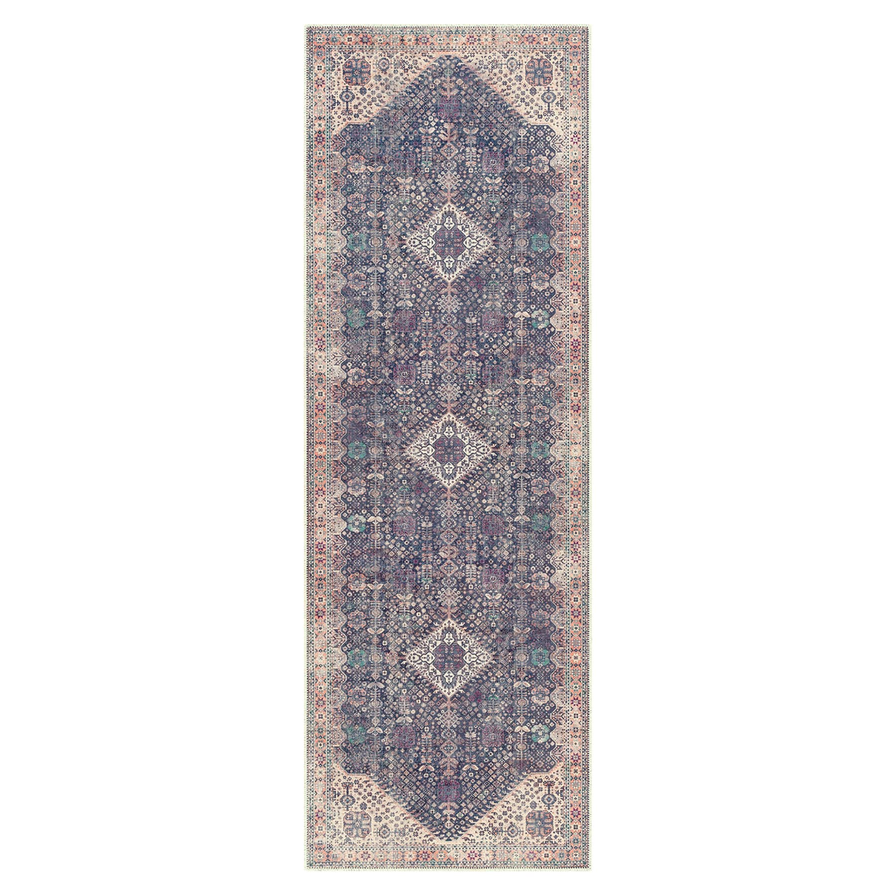 Amelie Dark Blue & Ivory Washable Runner, 2x8