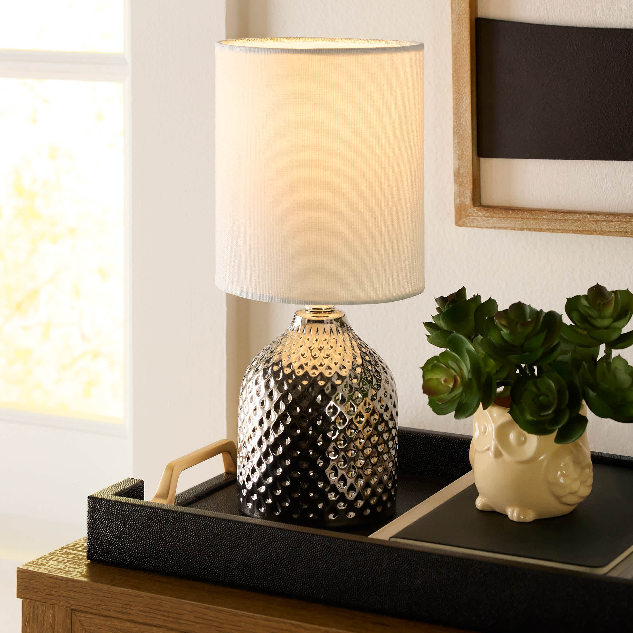 Found & Fable Hammered Silver Mini Table Lamp with Shade, 12"