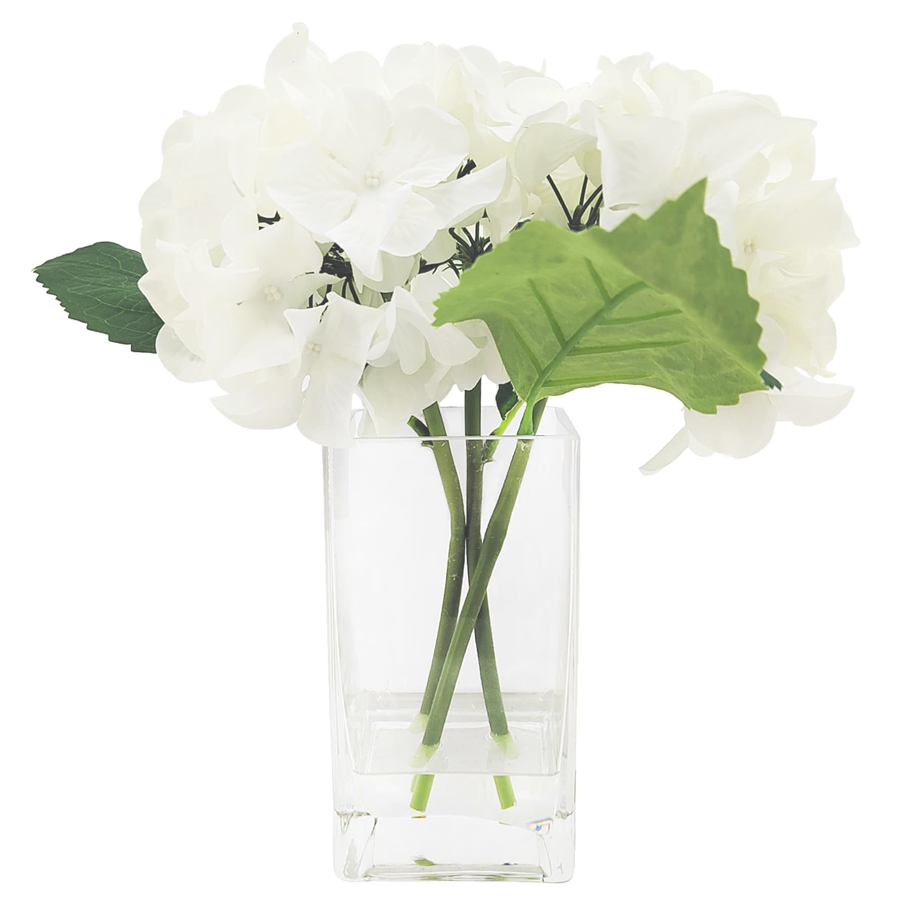 Providence White Real Feel Hydrangea Arrangement in Glass Pot, 10"