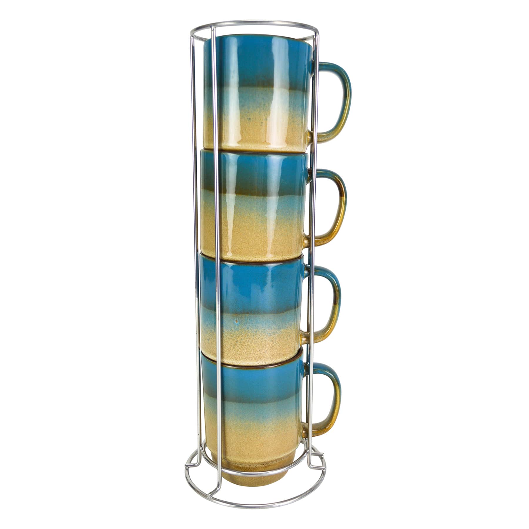 Set of 4 Stacked Blue & Tan Mugs, 14oz
