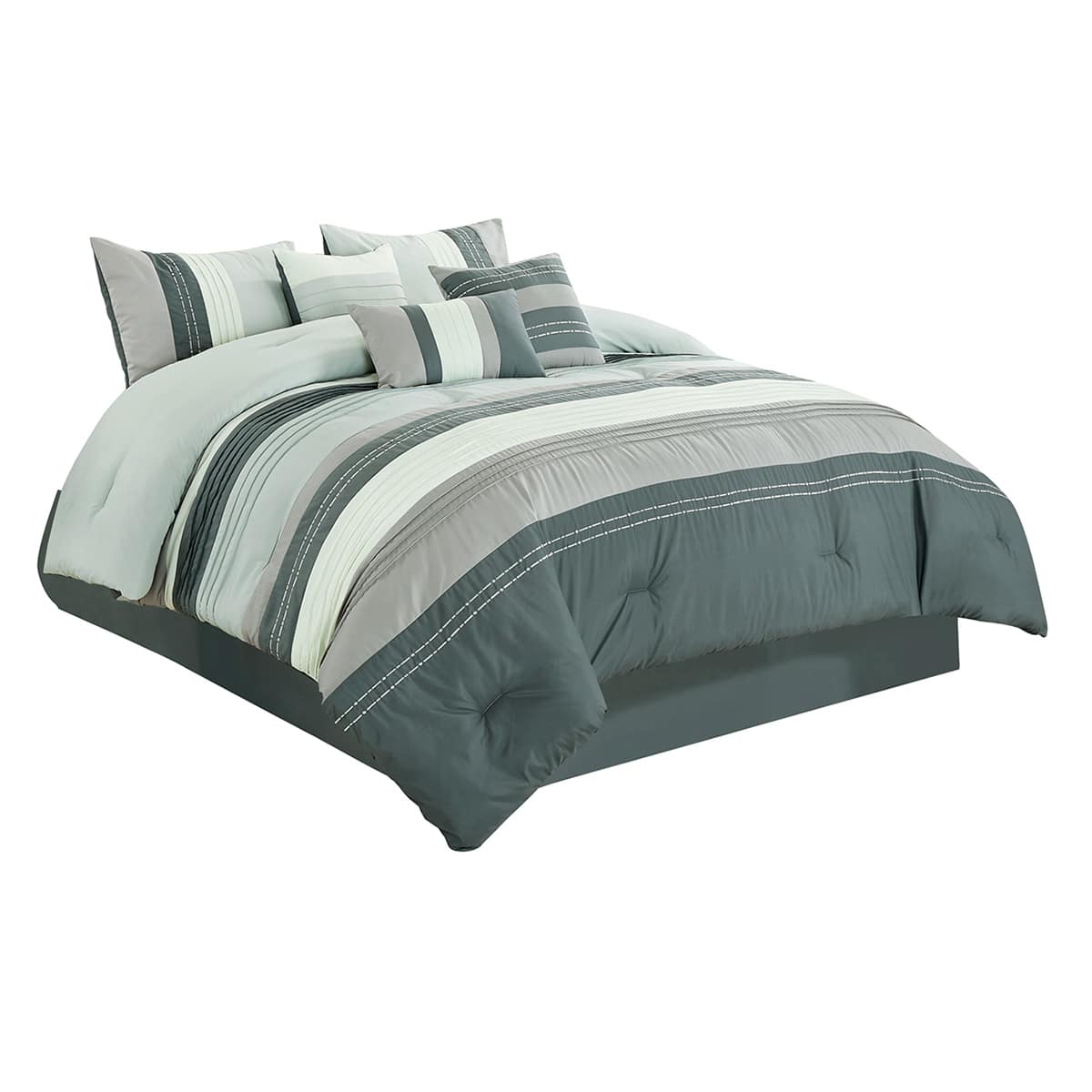 7-Piece Grey Striped Embellished Comforter Set, Queen