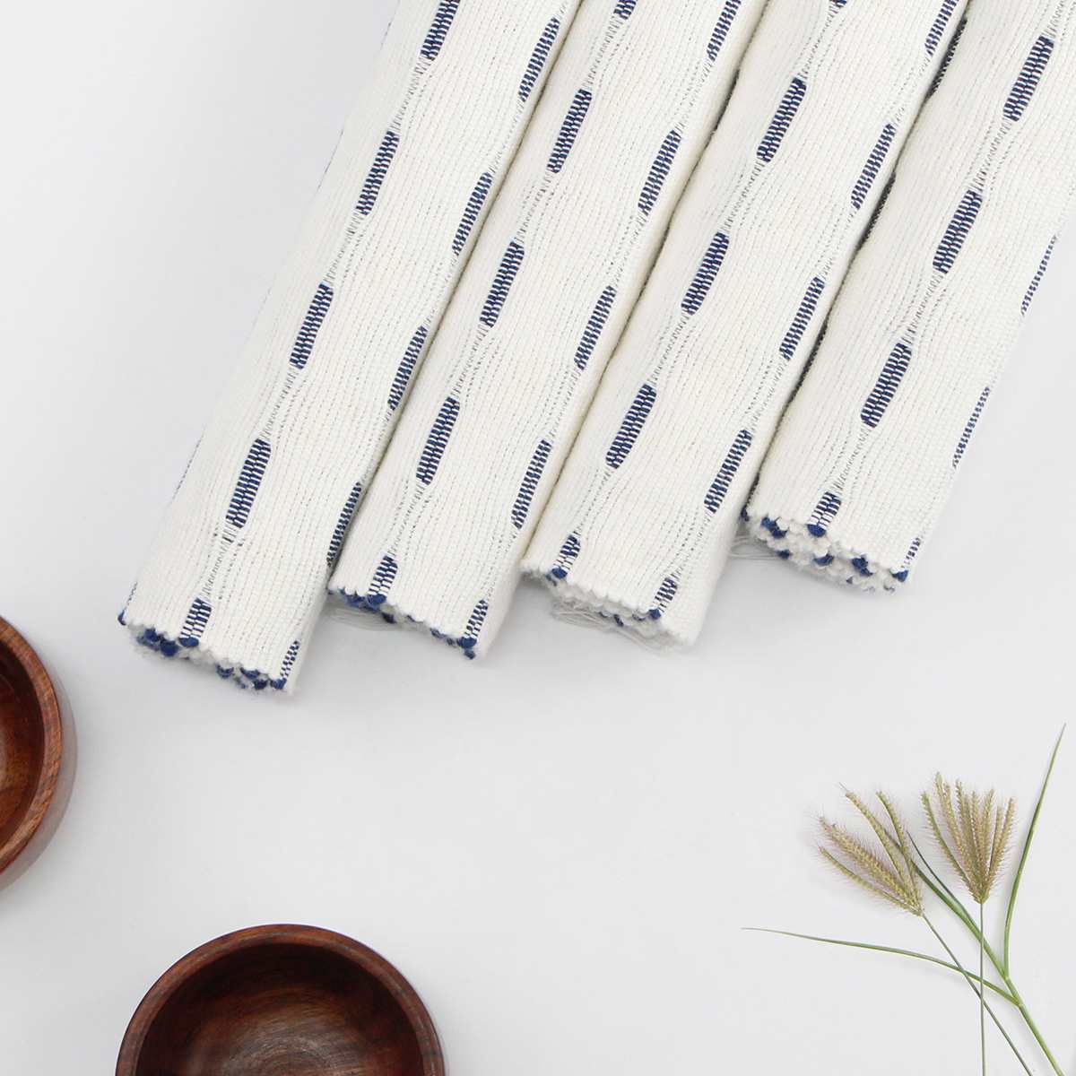 Set of 4 Ivory Reversible Rib Placemats with Navy Blue Stripes, 13x17