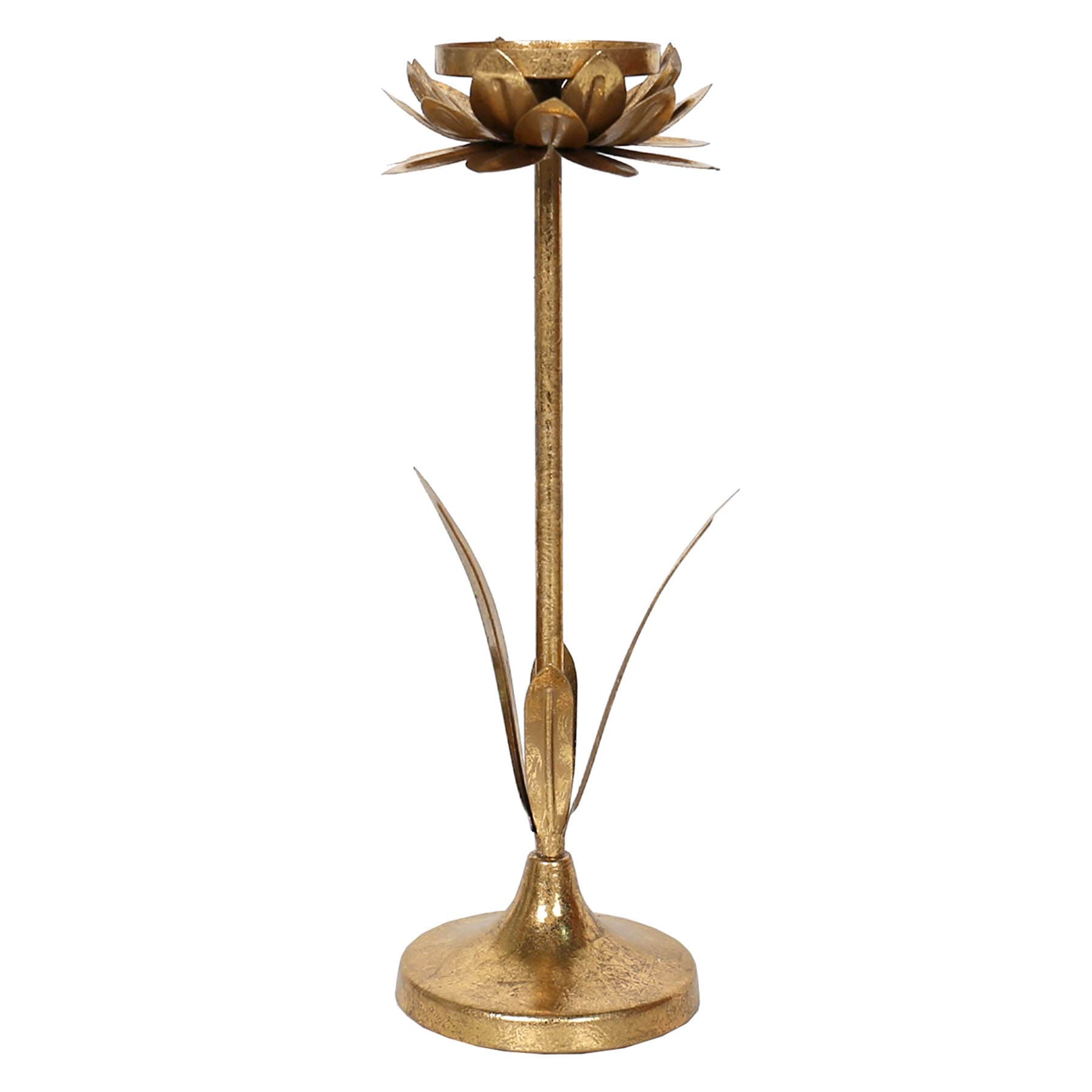 Gold Metal Flower Pillar Candle Holder, 14"