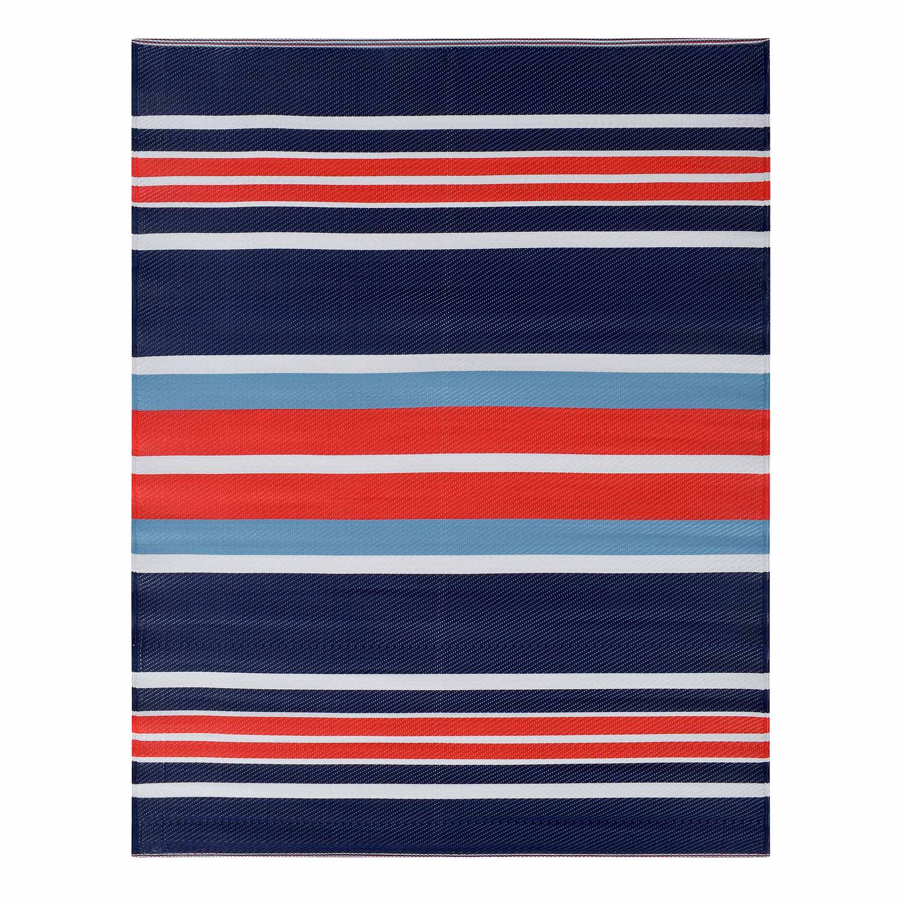 Dark Blue Striped Plastic Outdoor Rug, 5x7