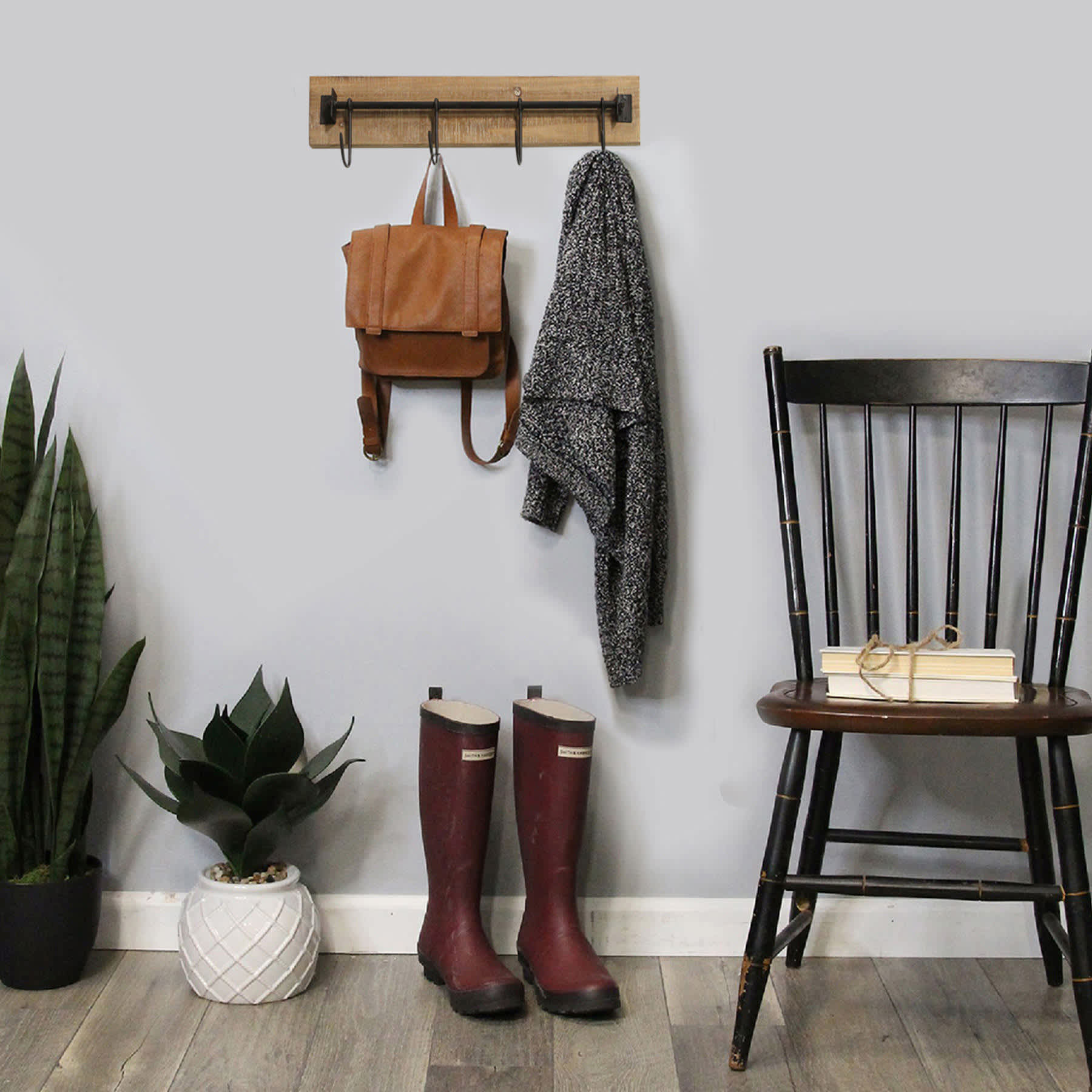 4-Hook Metal & Wood Wall Hooks
