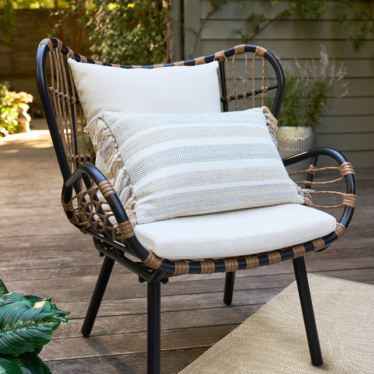 Honeybloom Metallic Stripe Woven With Tassels Lumbar Outdoor Throw Pillow, 14x20
