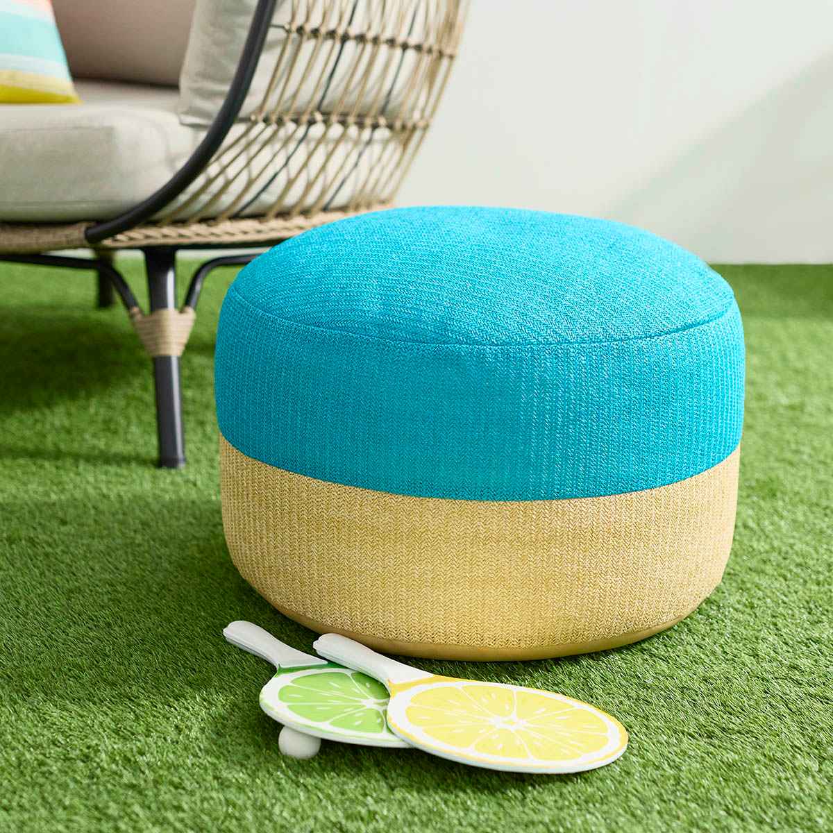 Turquoise & Tan Color Block Hermosa Outdoor Pouf, 23"