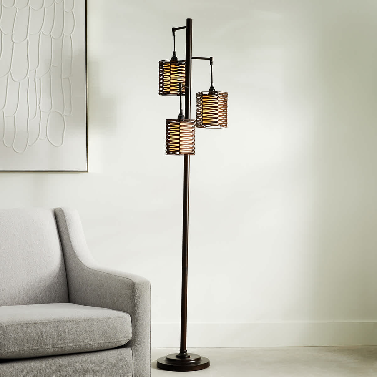 Bronze 3-Light Floor Lamp with Rattan Shades, 71"