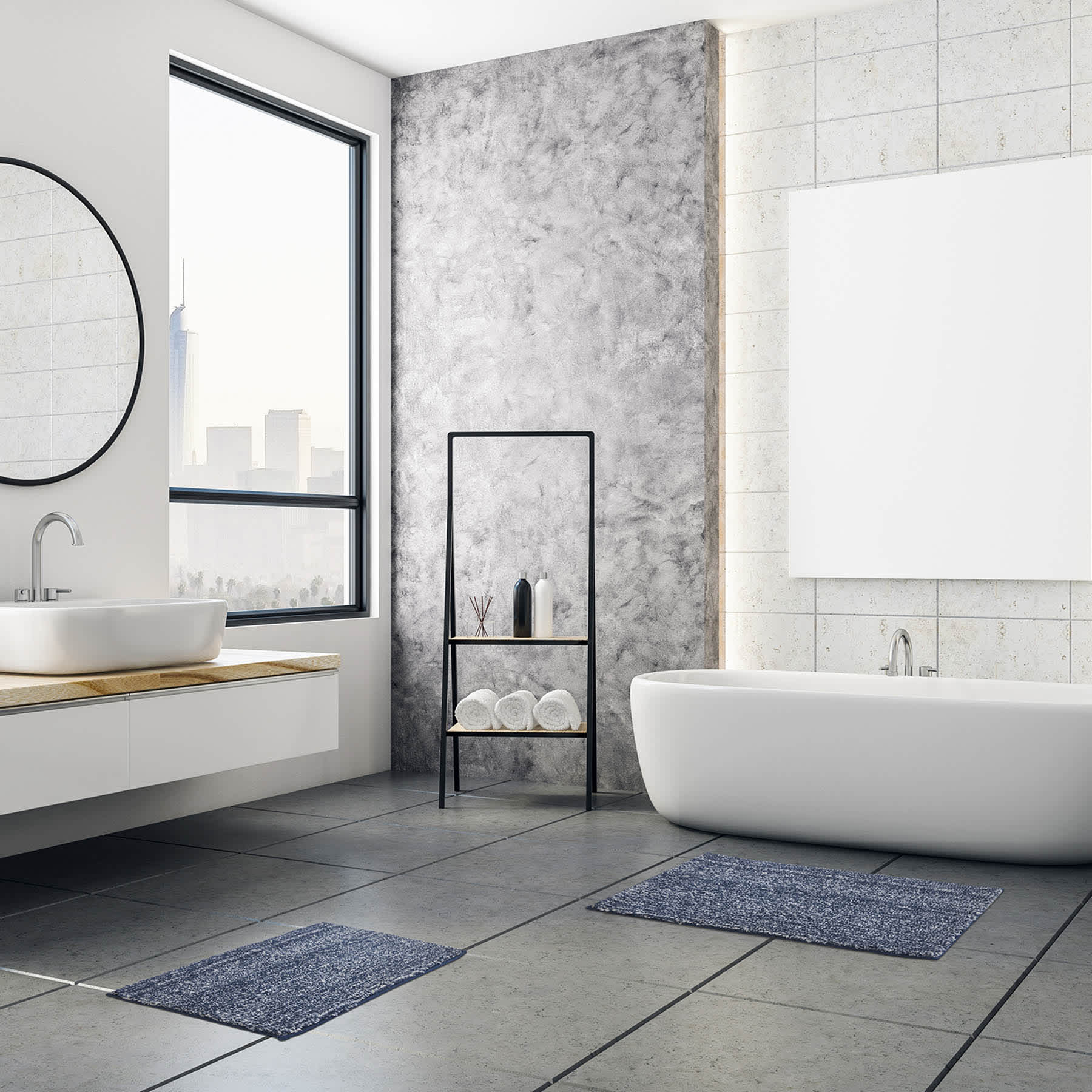 2-Piece Navy & White Tufted Bath Rug Set