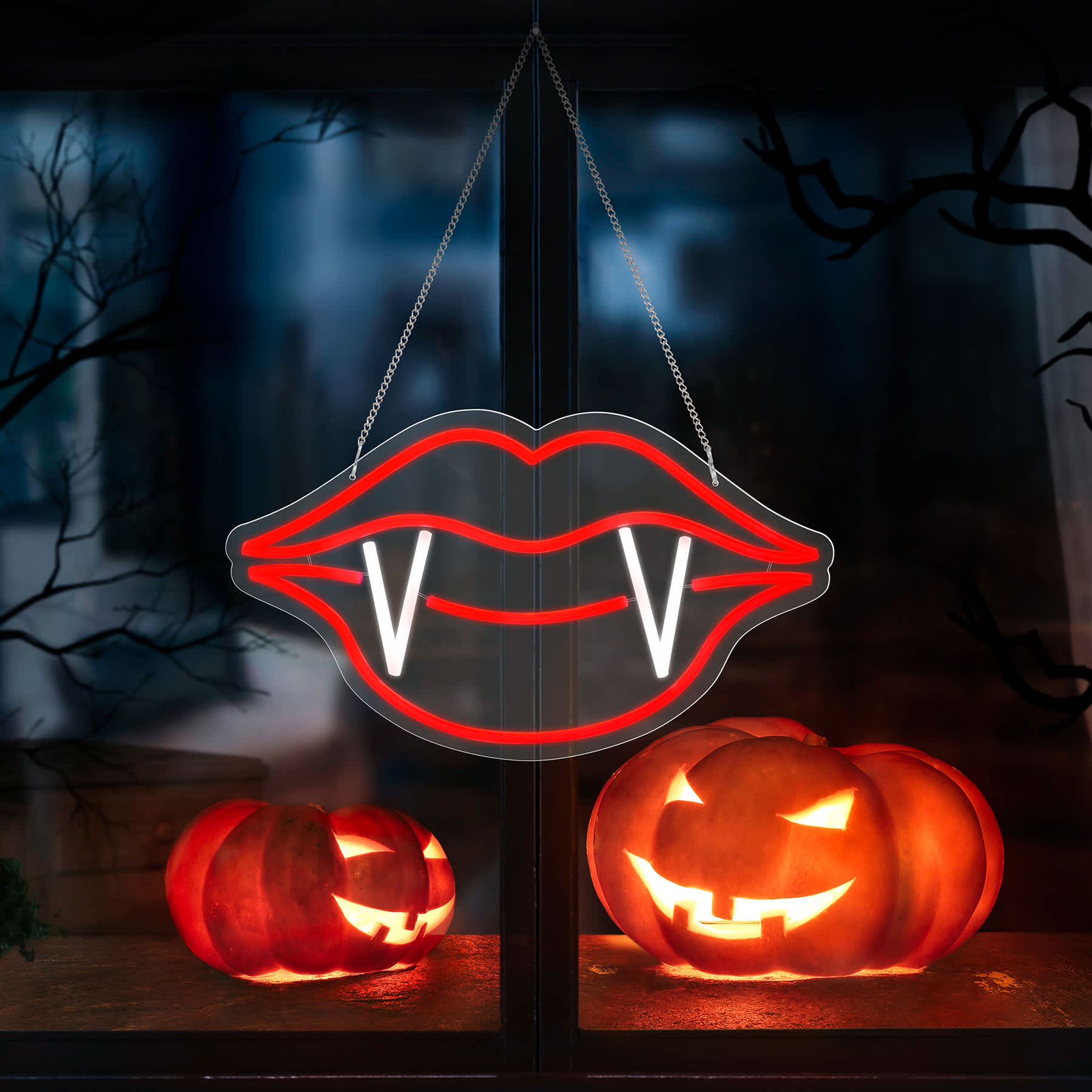 Red & White Neon Vampire Mouth Hanging Halloween Décor