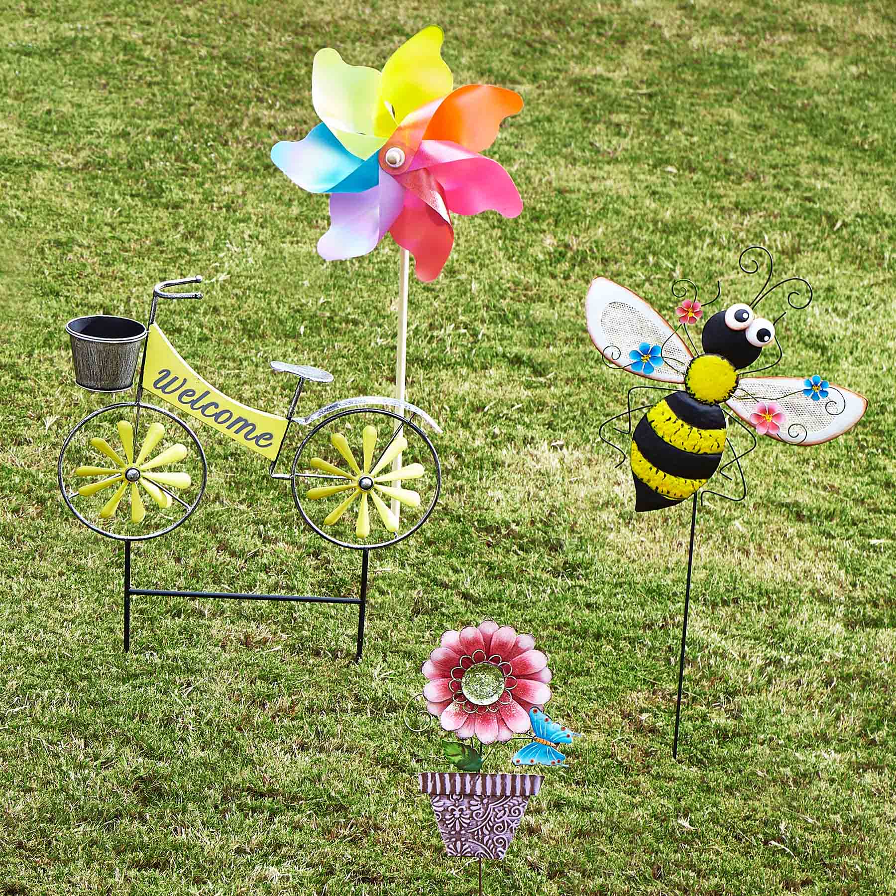 Pink Flower with Purple Pot Yard Pick, 22"