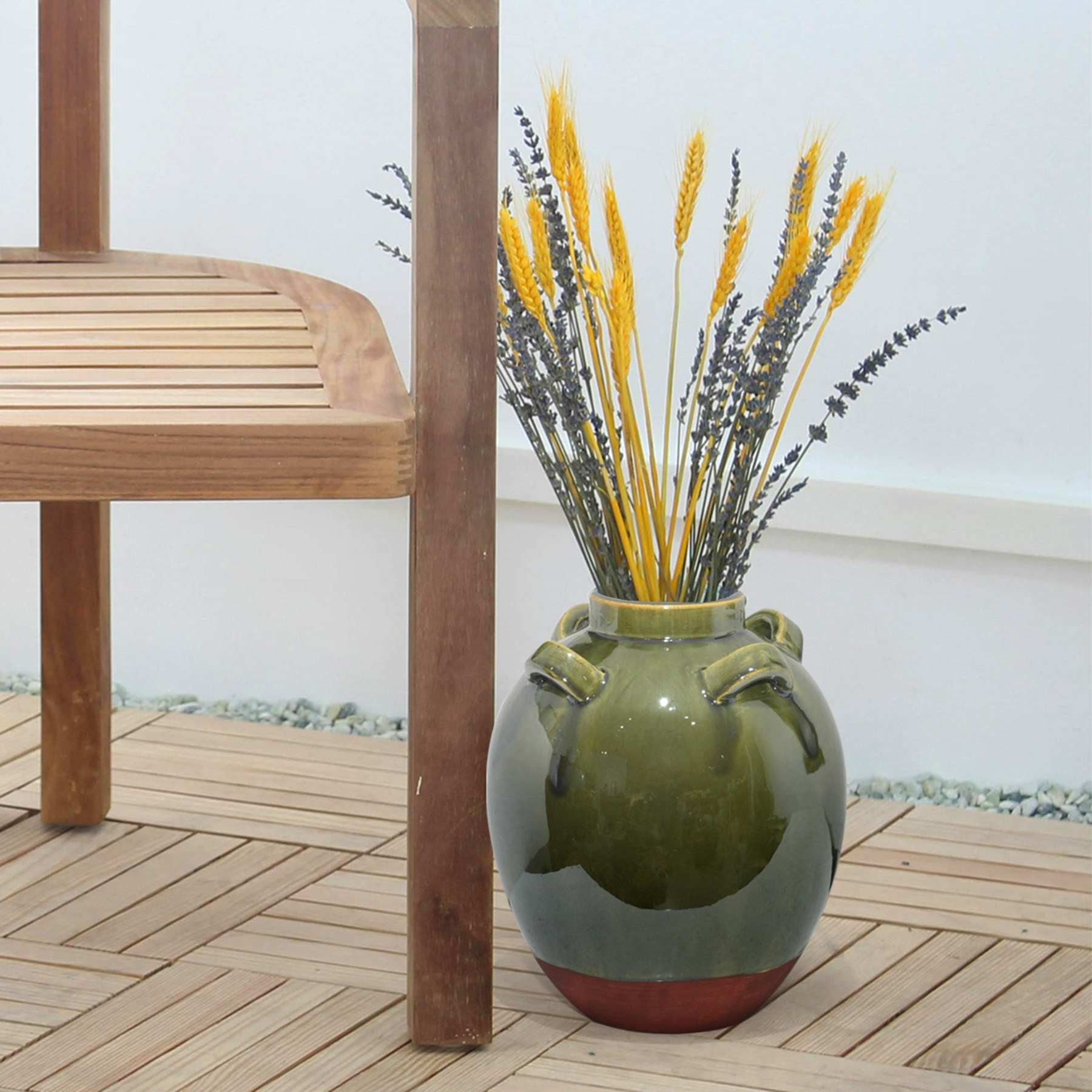 Olive Brown Ceramic Vase with 3 Handles, 11"