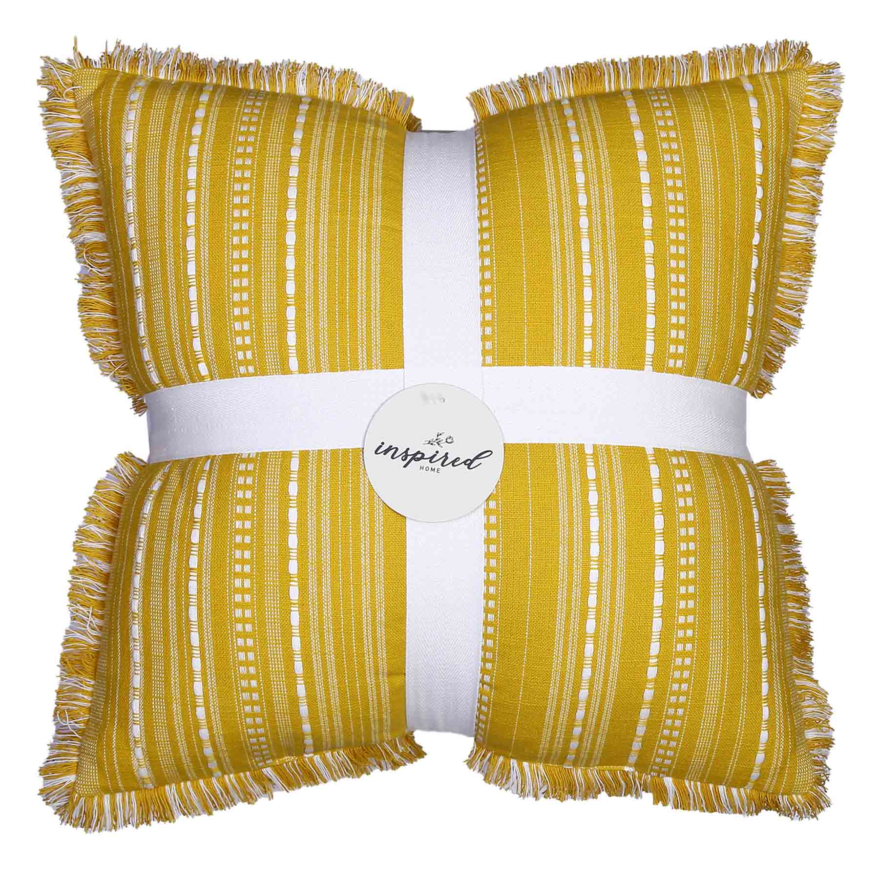Yellow Striped Throw Pillow with Fringe, 20"