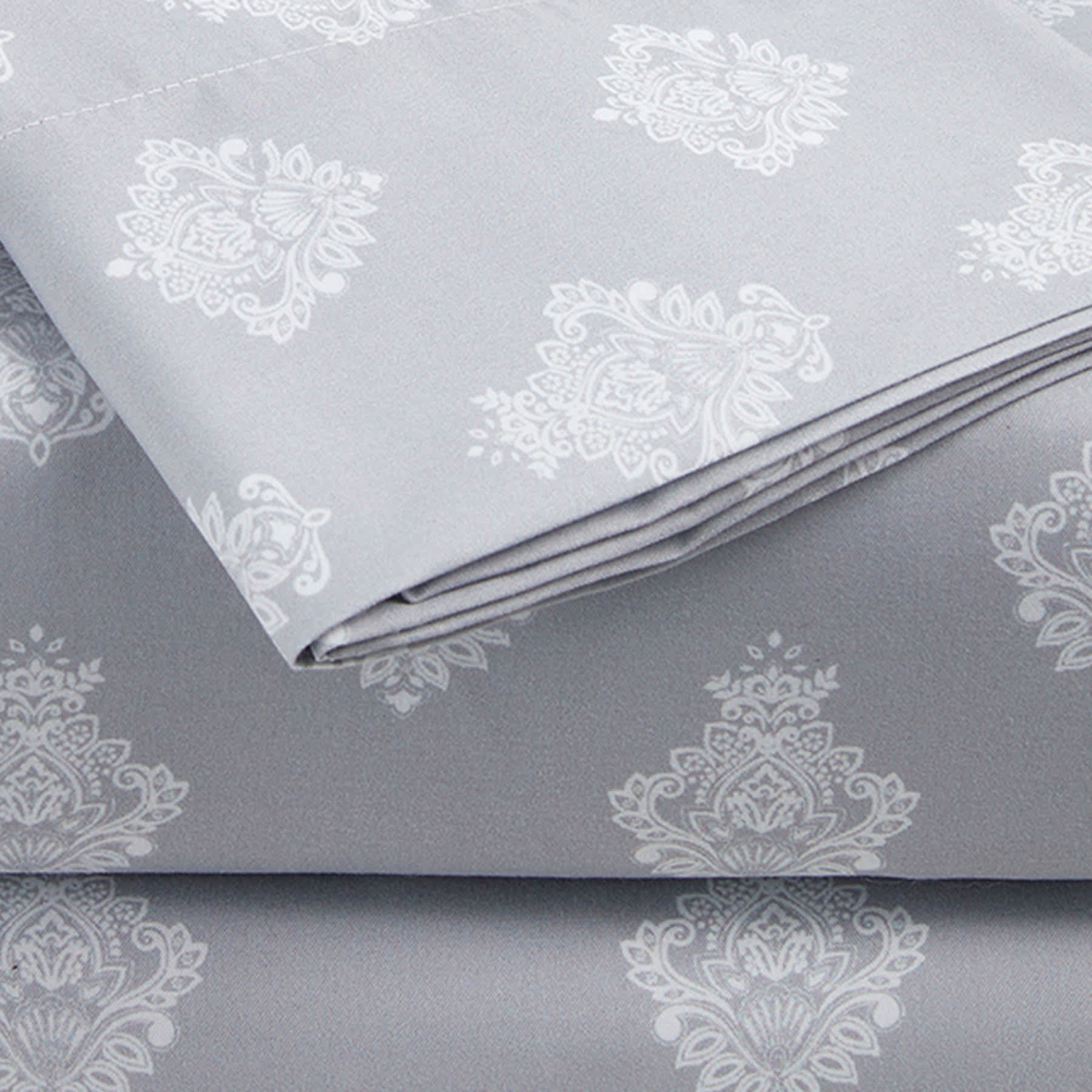 3-Piece Grey Damask Print Microfiber Essential Sheet Set, Twin