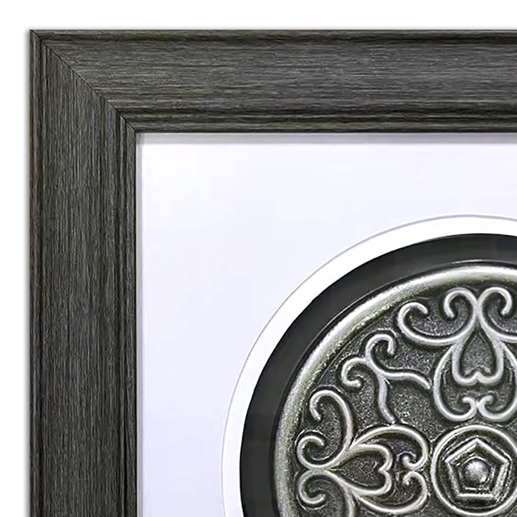 Glass Framed Ornate Pewter Medallion Wall Décor, 15"