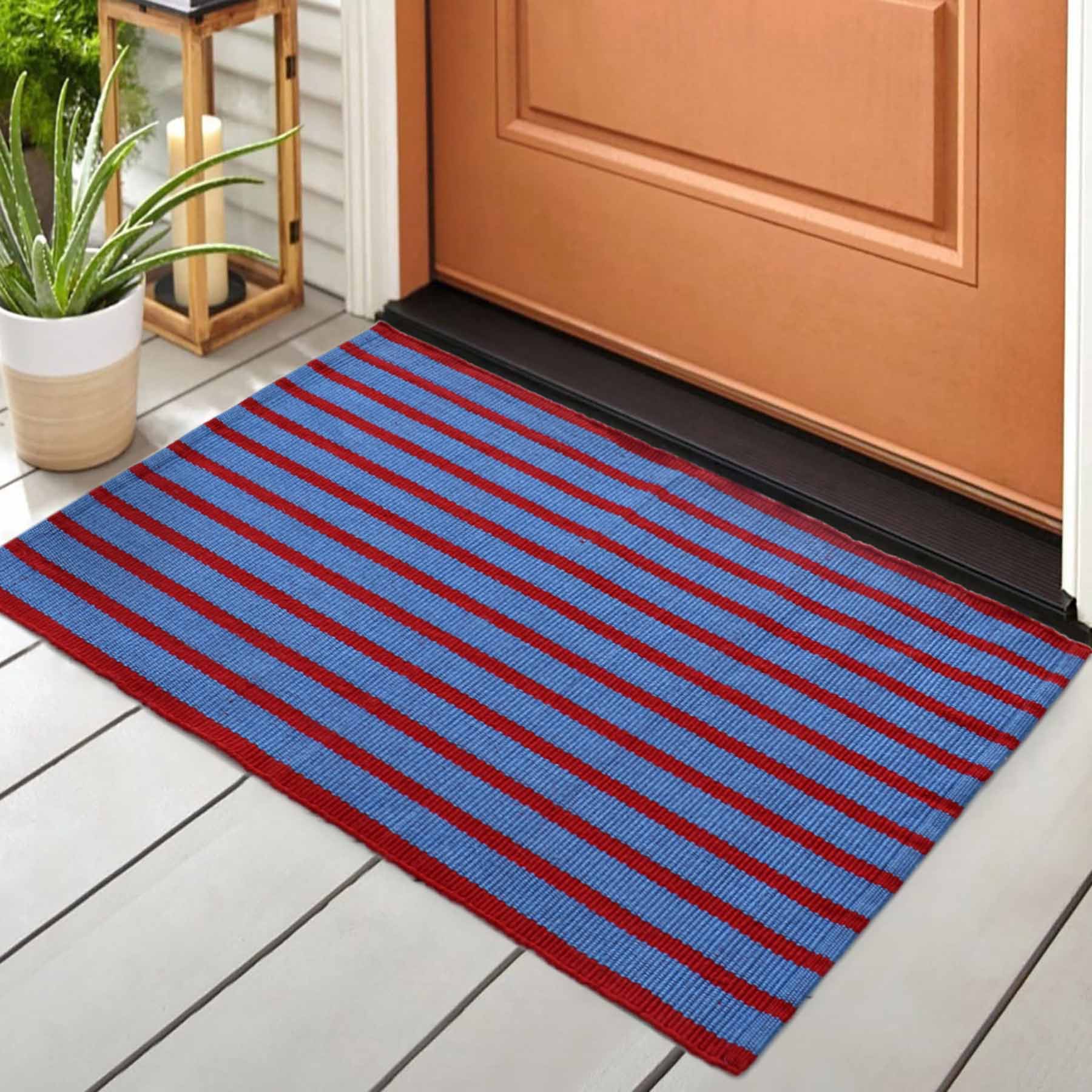 Red/Blue Striped Woven Pet Layering Rug 24X36
