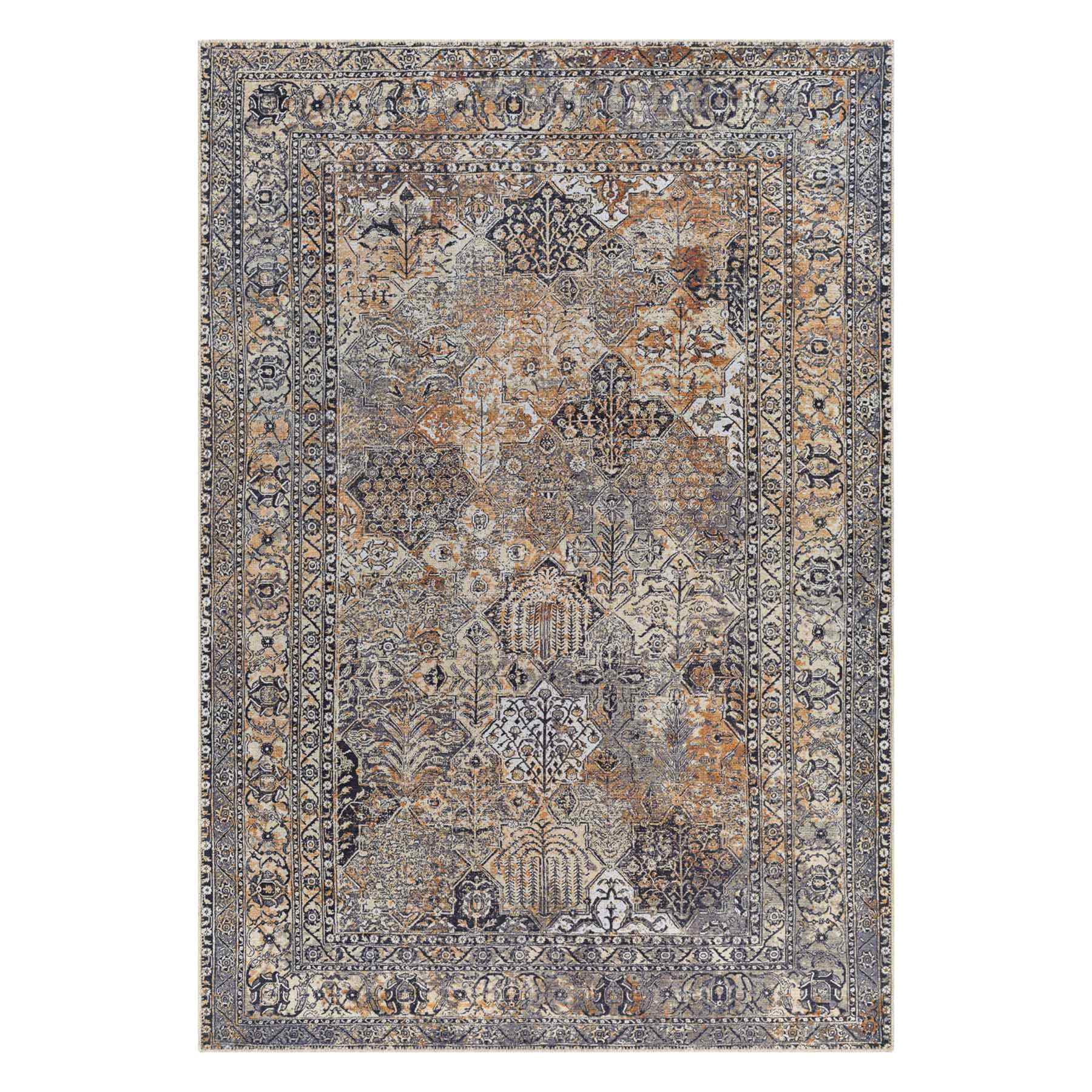 (B881) Tahmis Black & Gold Medallion Washable Area Rug, 5x7