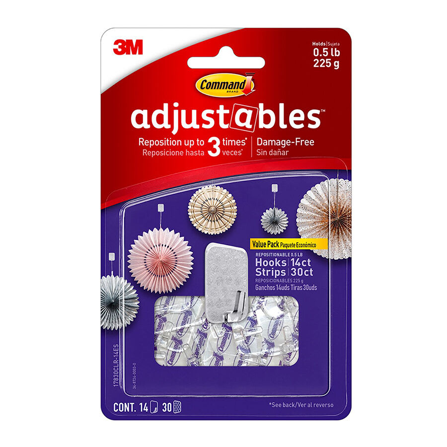 Command? Adjustables 14-Hooks, 30-Strips/Pack, White