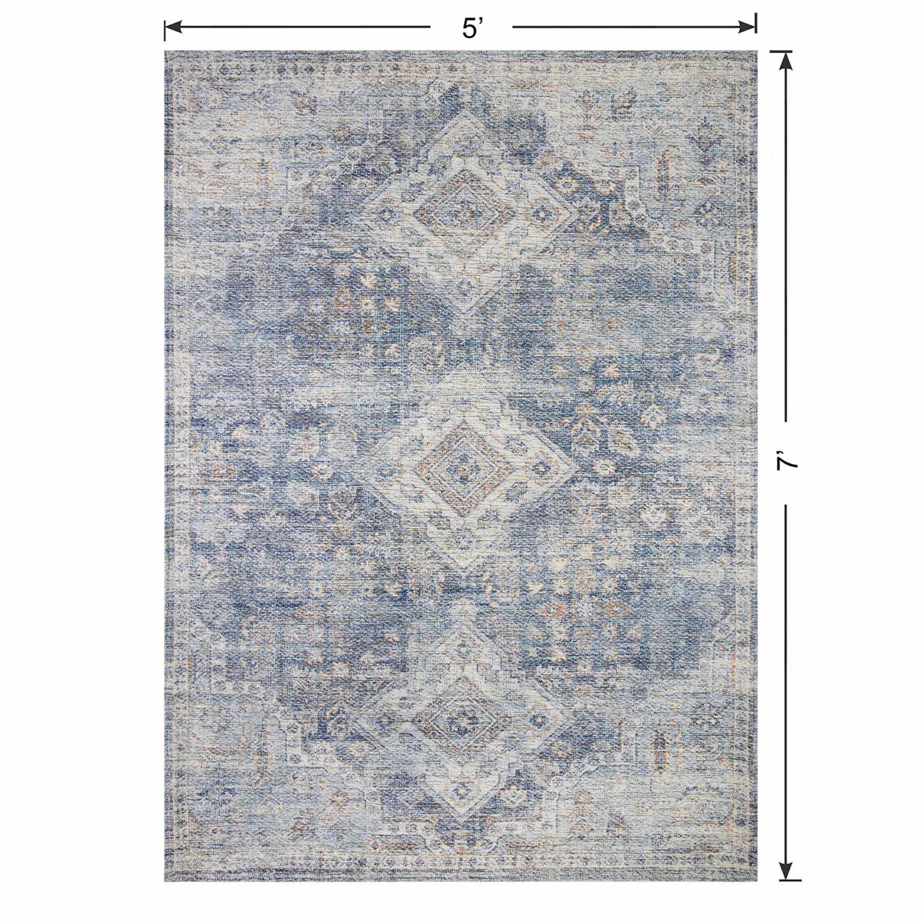 (B822) Whittington Blue Floral Medallion Area Rug, 5x7