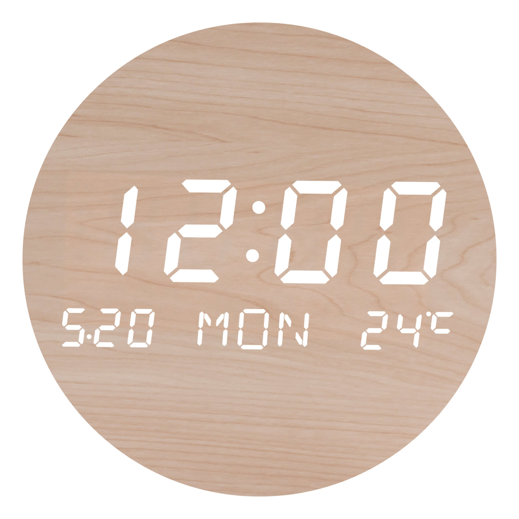 Digital Wooden Round LED Wall Clock, 8"