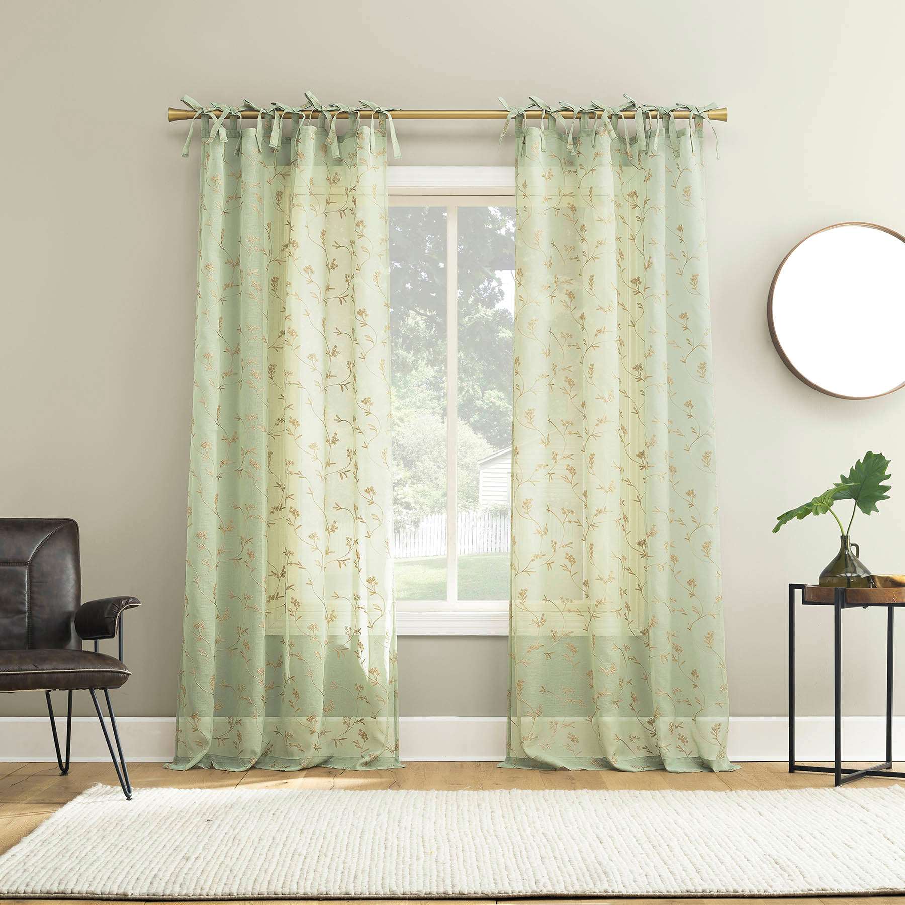 Sage Green Bow Tab Sheer Curtain Panel, 84"
