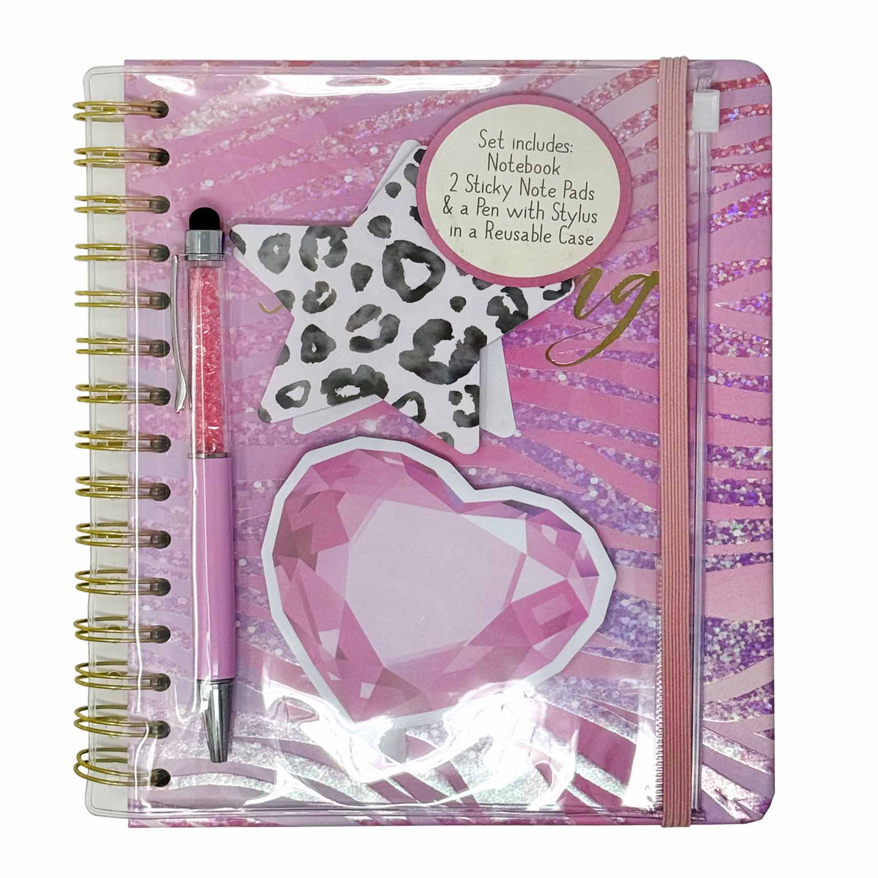 Spiral notebook w pvc pouch pen sticky notepads - HEARTS