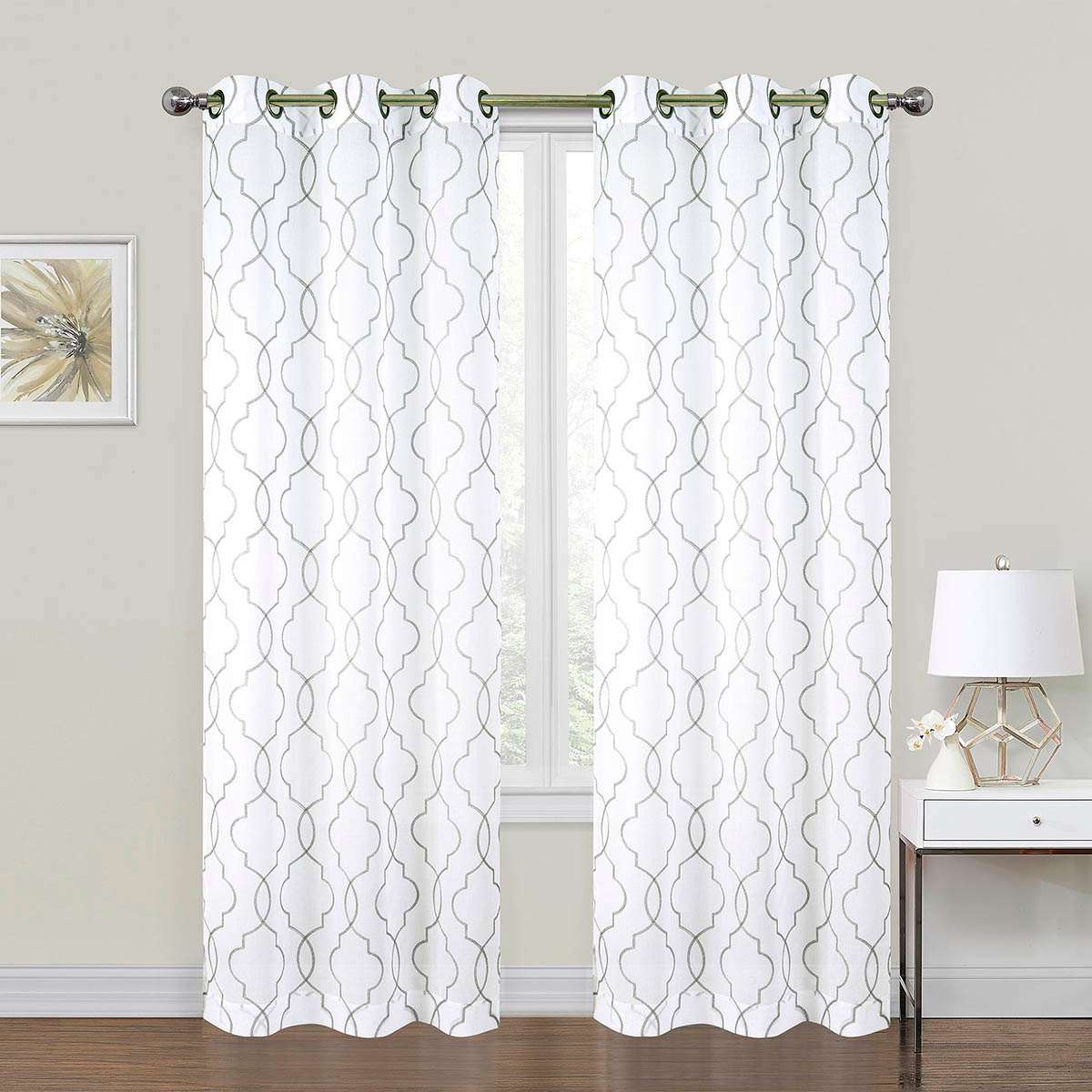 2-Pack White & Grey Metallic Embroidered Geo Grommet Curtain Panels, 84"