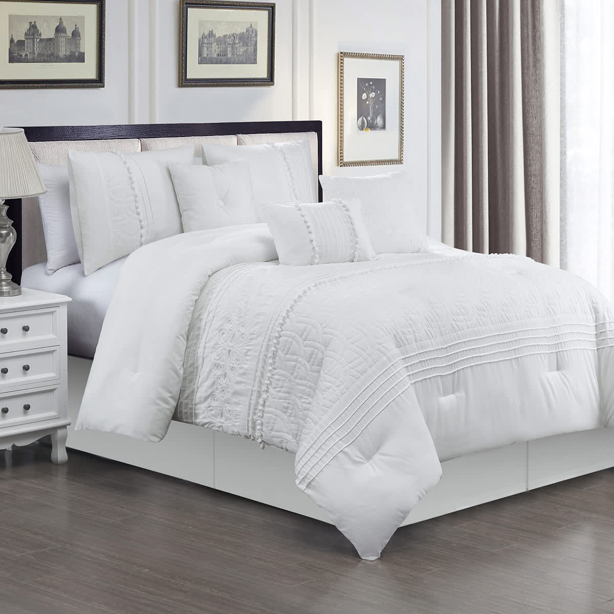7-Piece White Embroidered Premium Comforter Set, King