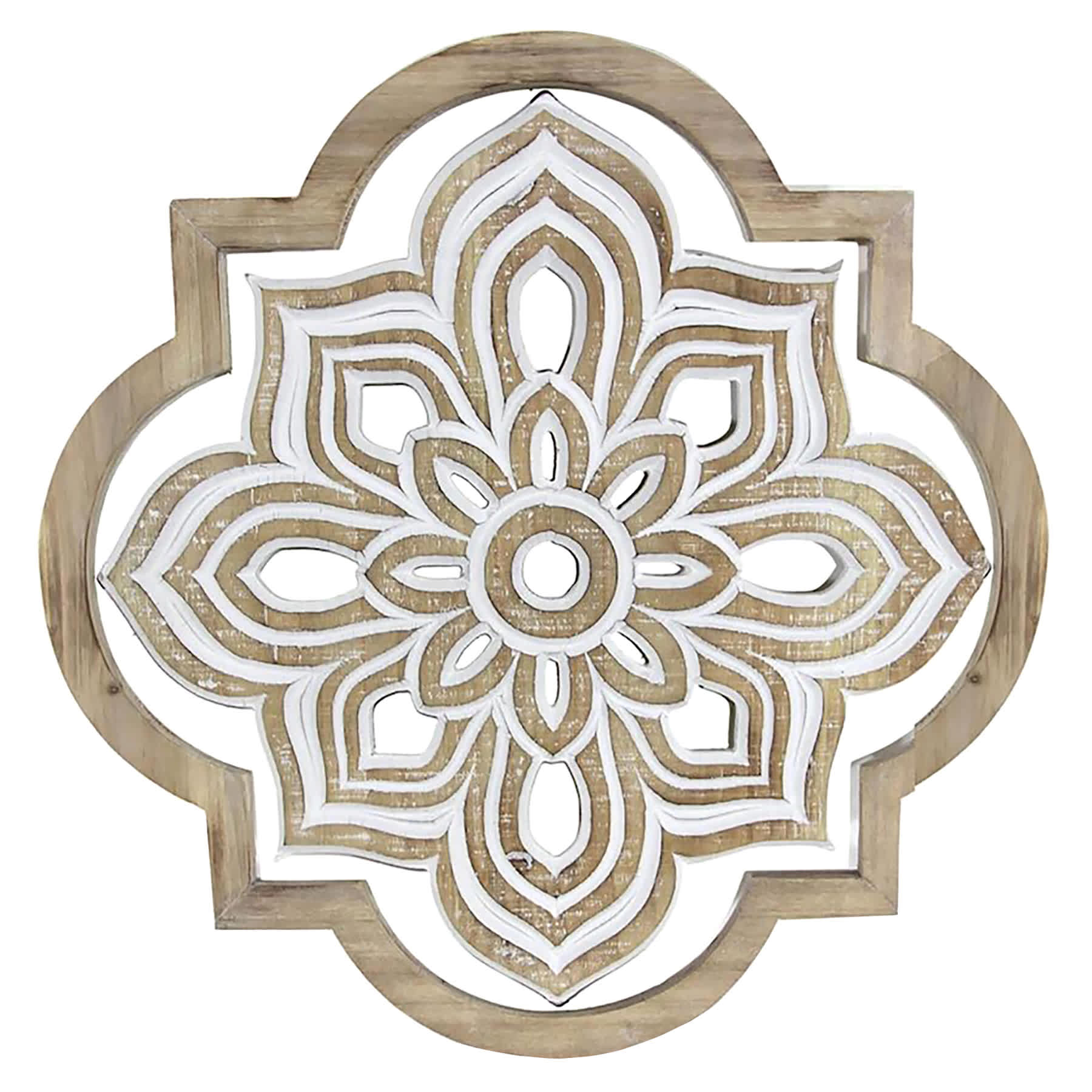 Quatrefoil Flower Shaped Wooden Medallion Wall Decor, 17"