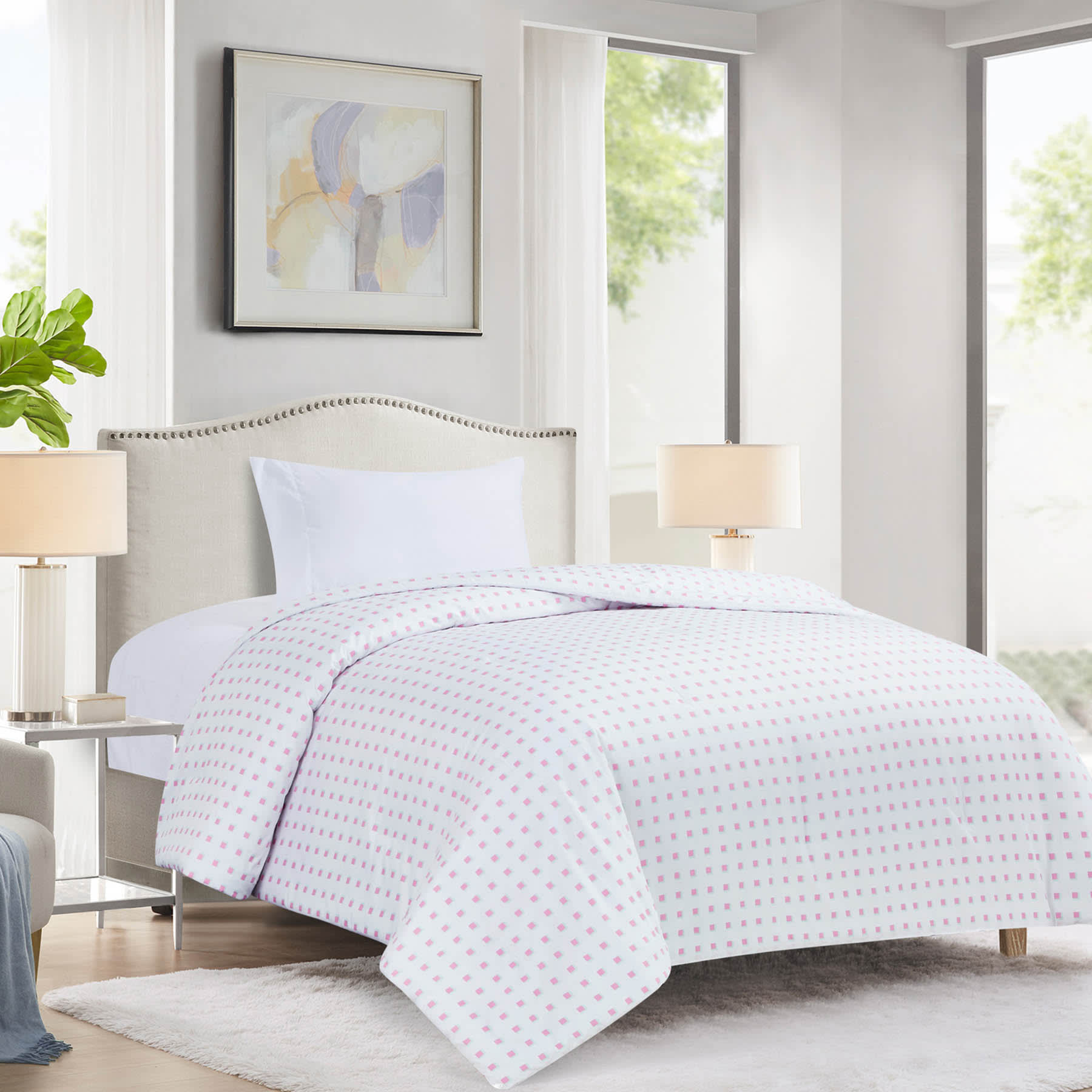 Pink Grid Printed Microfiber Comforter, Twin/Twin XL