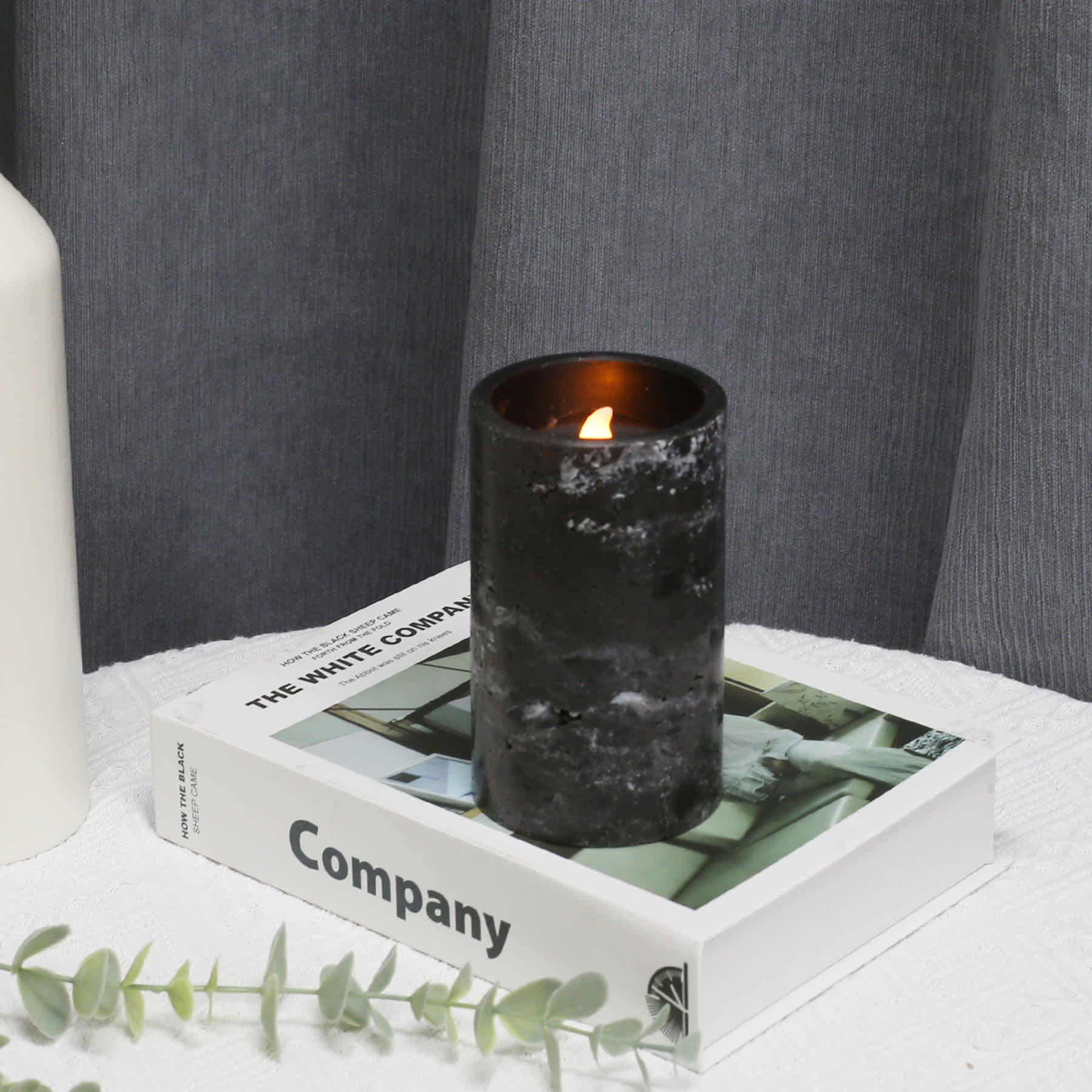 Crosby St. Black Marbled Wax LED Pillar Candle with 6-Hour Timer, 3x5