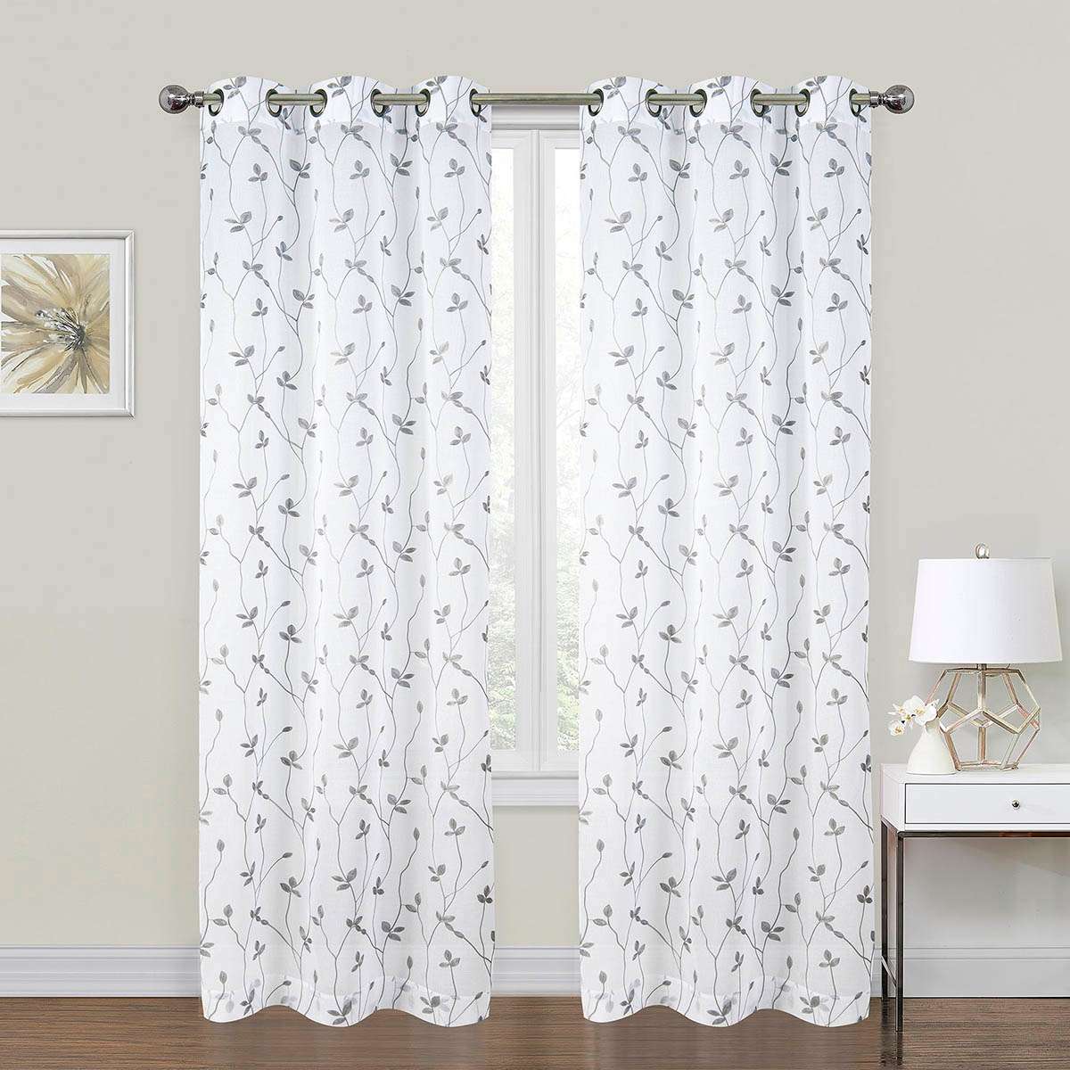 2-Pack White & Grey Embroidered Leaf Sheer Grommet Curtain Panels, 84"