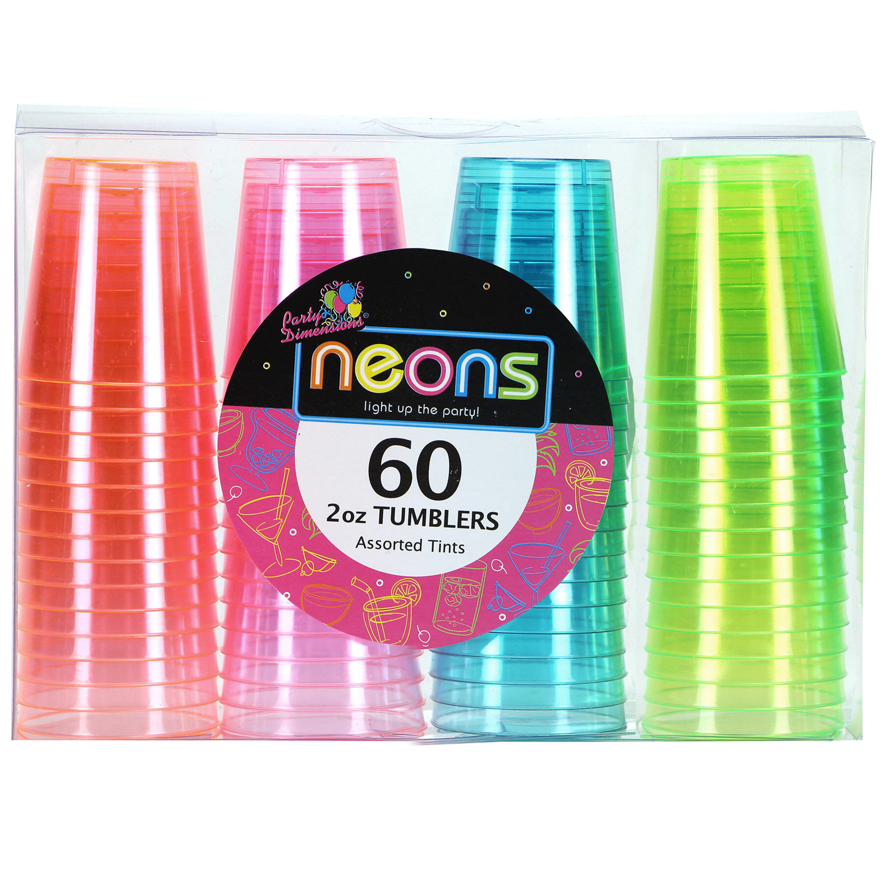 Party Dimensions 60-Count Neon Pink, Green, Orange & Blue Plastic Tumblers, 2oz