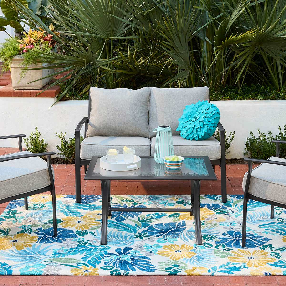 (E264) Santa Monica Blue Floral Indoor & Outdoor Area Rug, 5x7