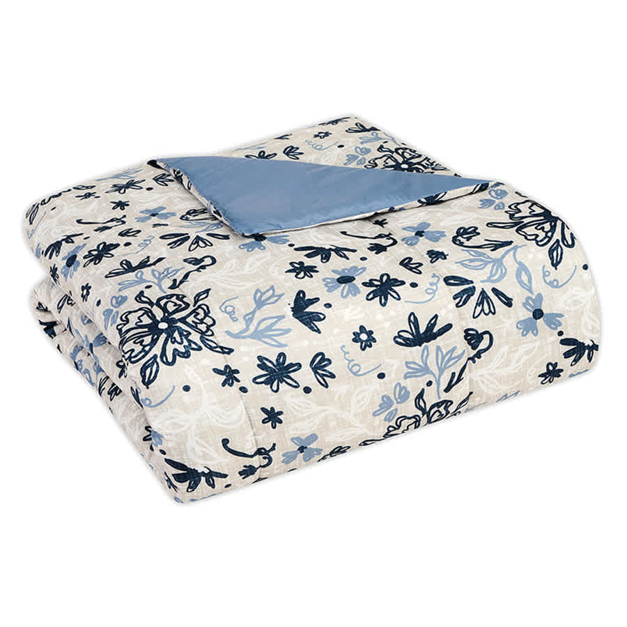 8-Piece Blue & White Floral Linen Essential Comforter Set, Twin